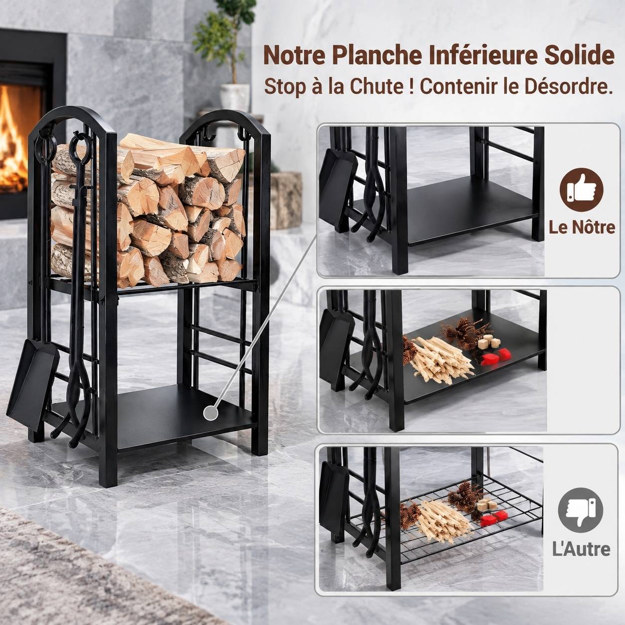 Support à Bûches Cheminée avec Accessoires Rangement Intérieur Extérieur - Image 6
