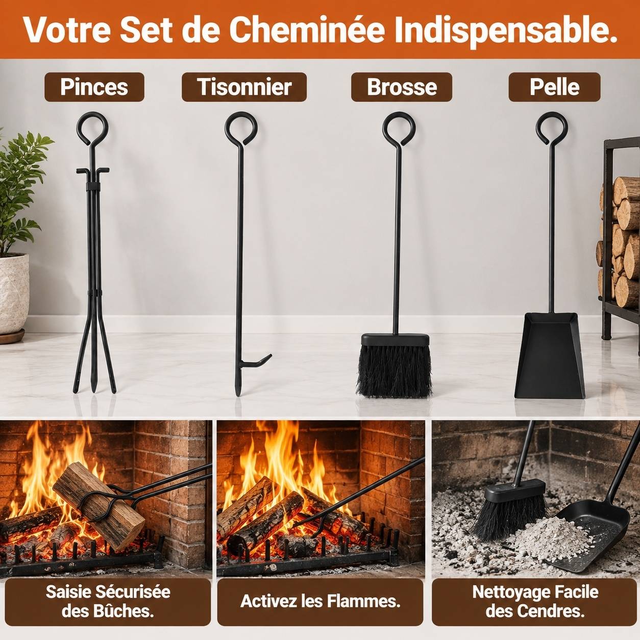 Support à Bûches Cheminée avec Accessoires Rangement Intérieur Extérieur - Image 7