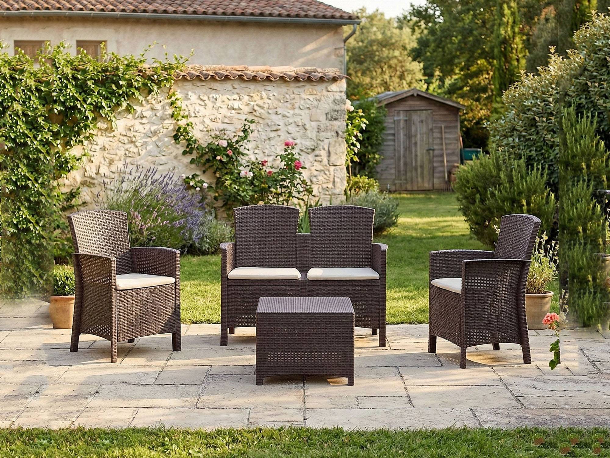 Dmora - Ensemble de salon d'extérieur Dmorat, Salon de jardin avec coussins, Salon d'intérieur effet rotin, 100% Made in Italy, Marron - Dmora - Imagen 6