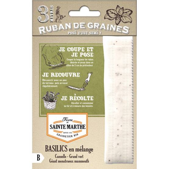 Carte Ruban de Basilics en mélange (Basilic Cannelle - Basilic Géant Monstrueux - Basilic Grand Vert) - Bio - Ferme de Sainte Marthe Livré en ruban d
