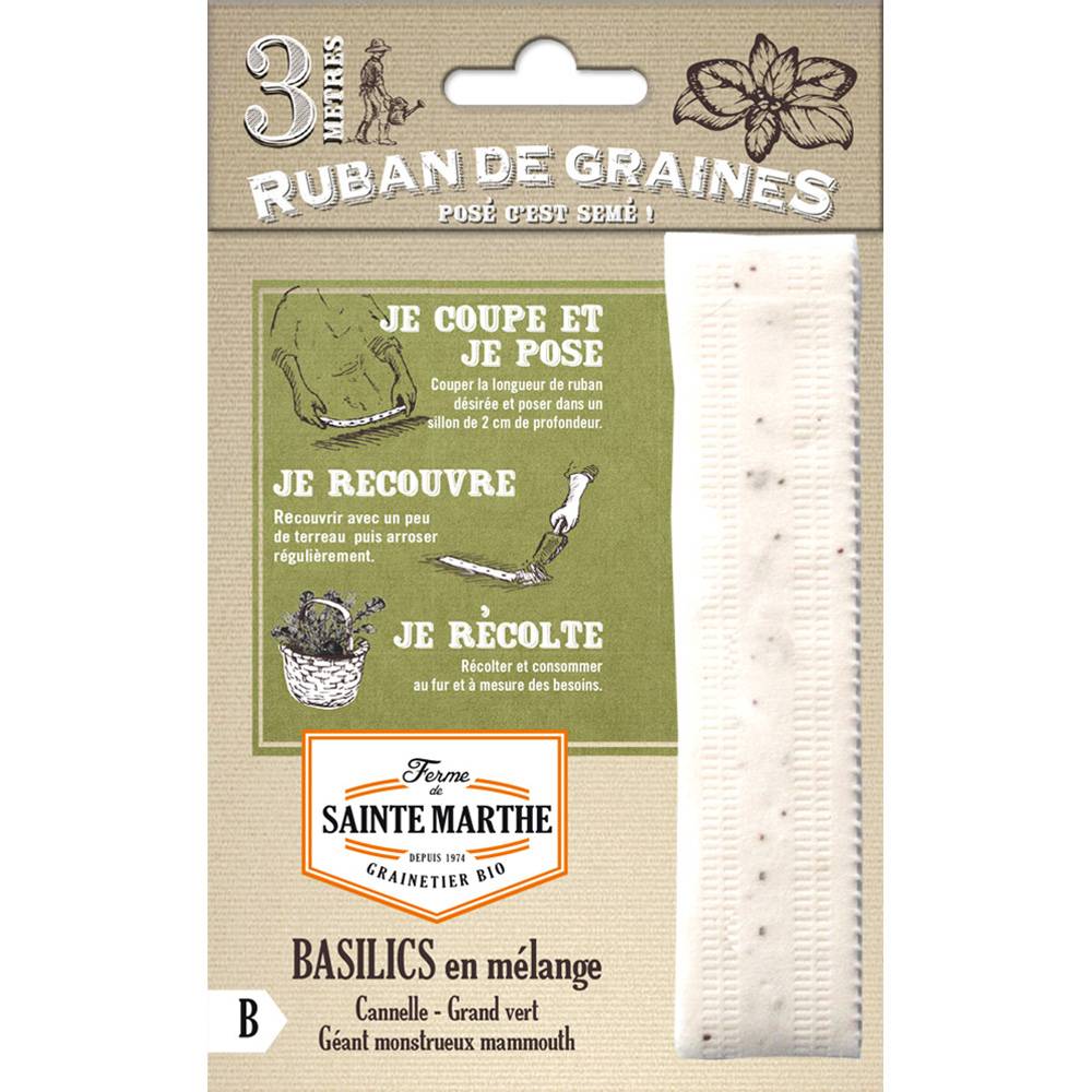 Carte Ruban de Basilics en mélange (Basilic Cannelle - Basilic Géant Monstrueux - Basilic Grand Vert) - Bio - Ferme de Sainte Marthe Livré en ruban d