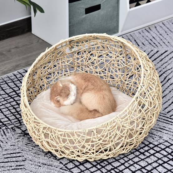 Niche grotte en rotin pour chat/chien, lit avec coussin, Ø56x35 cm, beige - Image 3