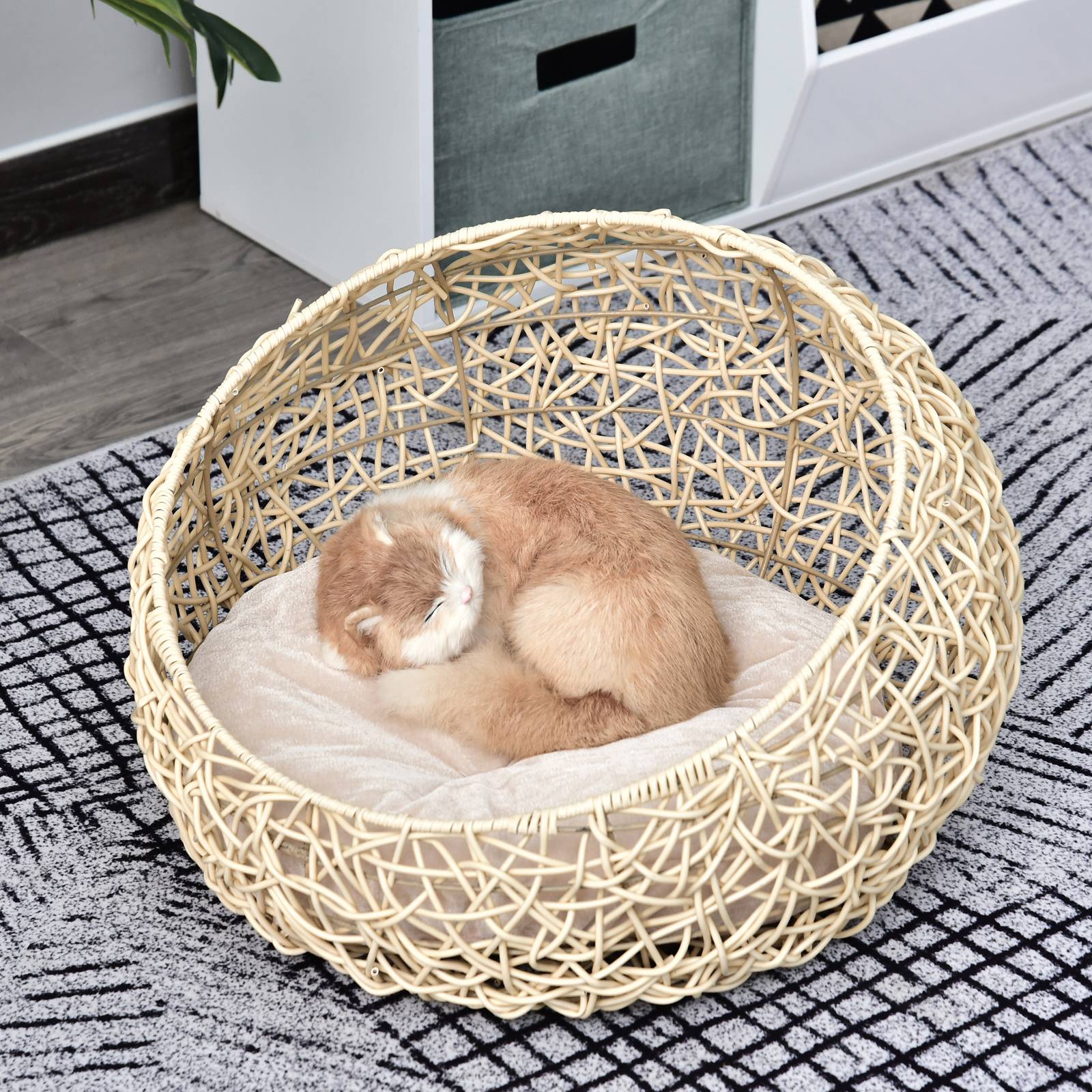 Niche grotte en rotin pour chat/chien, lit avec coussin, Ø56x35 cm, beige - Image 3