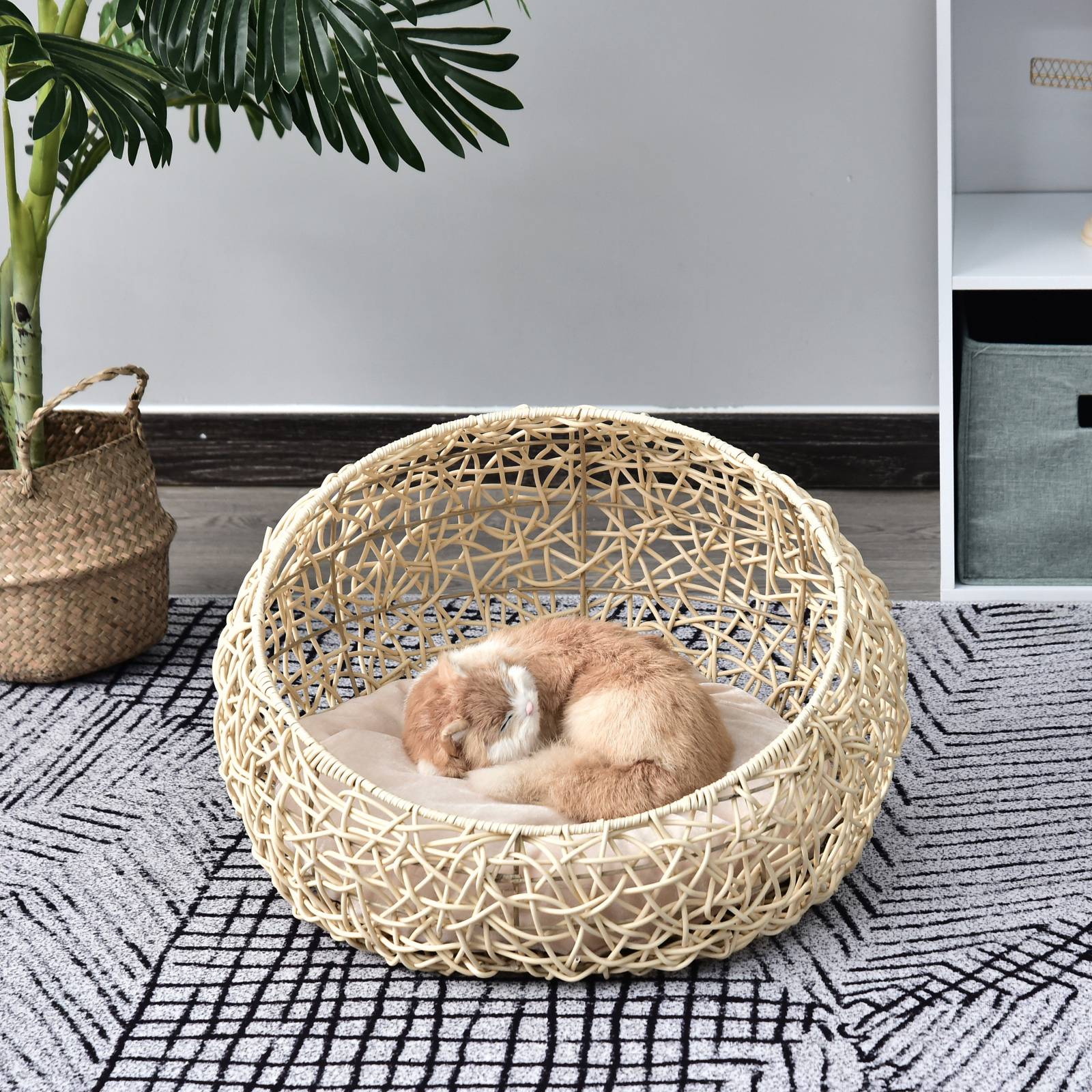 Niche grotte en rotin pour chat/chien, lit avec coussin, Ø56x35 cm, beige - Image 2