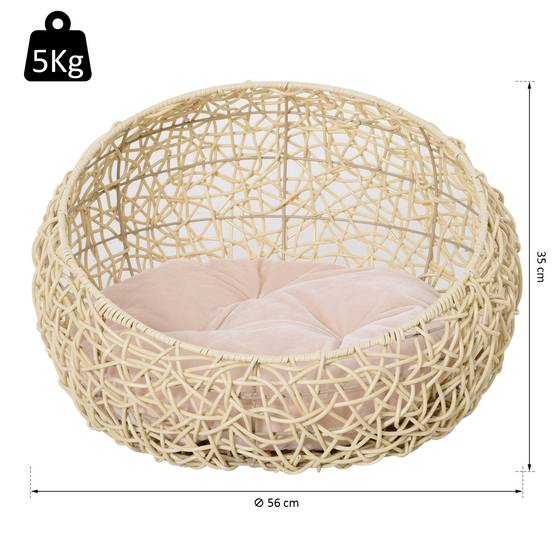 Niche grotte en rotin pour chat/chien, lit avec coussin, Ø56x35 cm, beige - Image 4