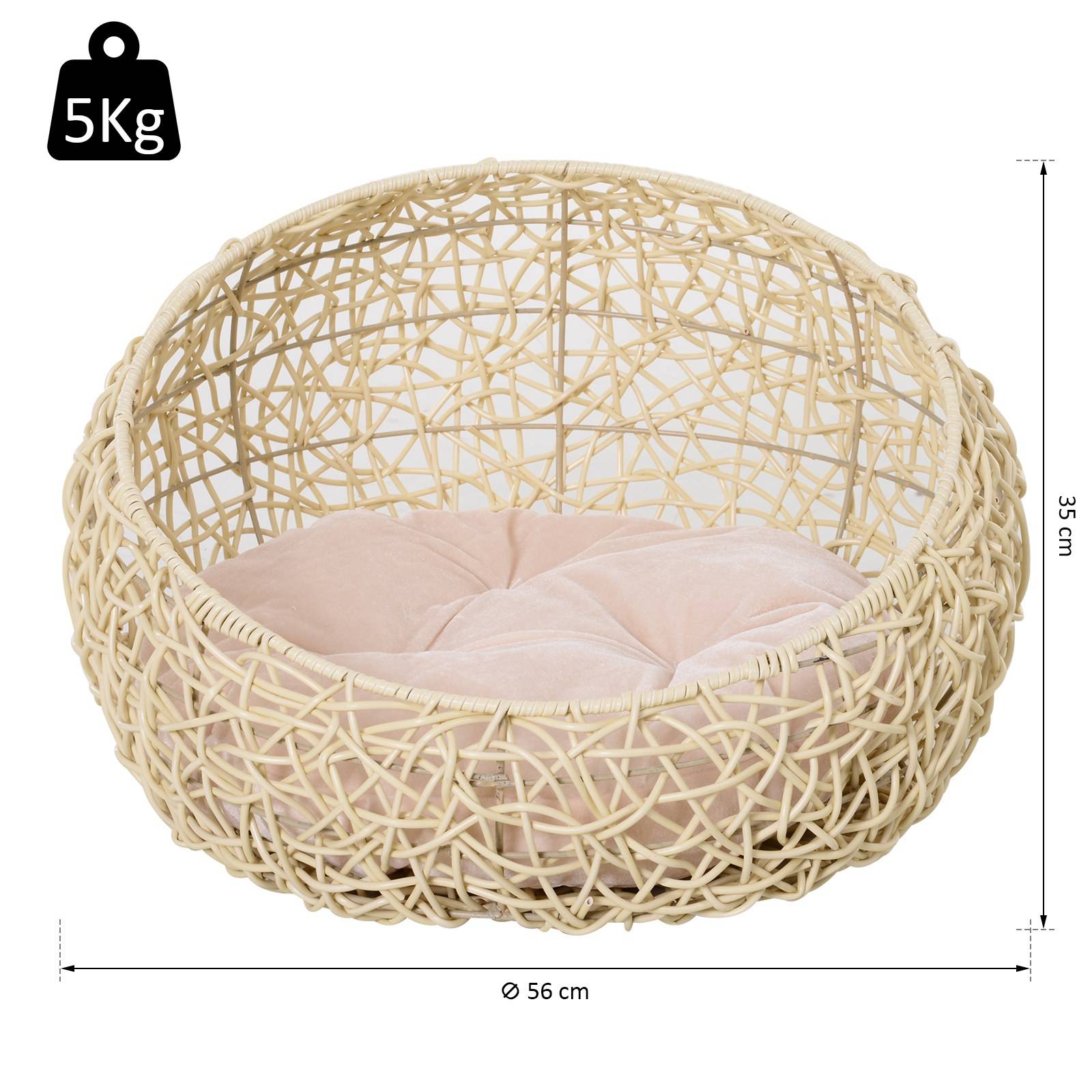 Niche grotte en rotin pour chat/chien, lit avec coussin, Ø56x35 cm, beige - Image 4