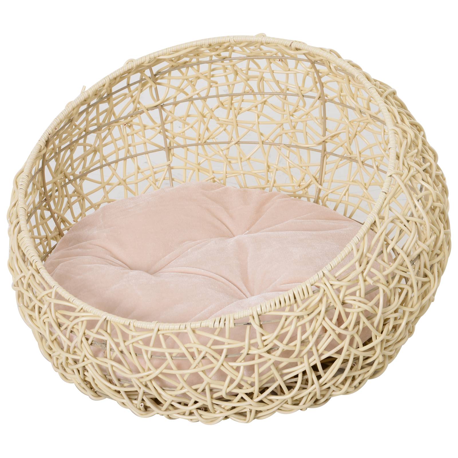Niche grotte en rotin pour chat/chien, lit avec coussin, Ø56x35 cm, beige - Image 1