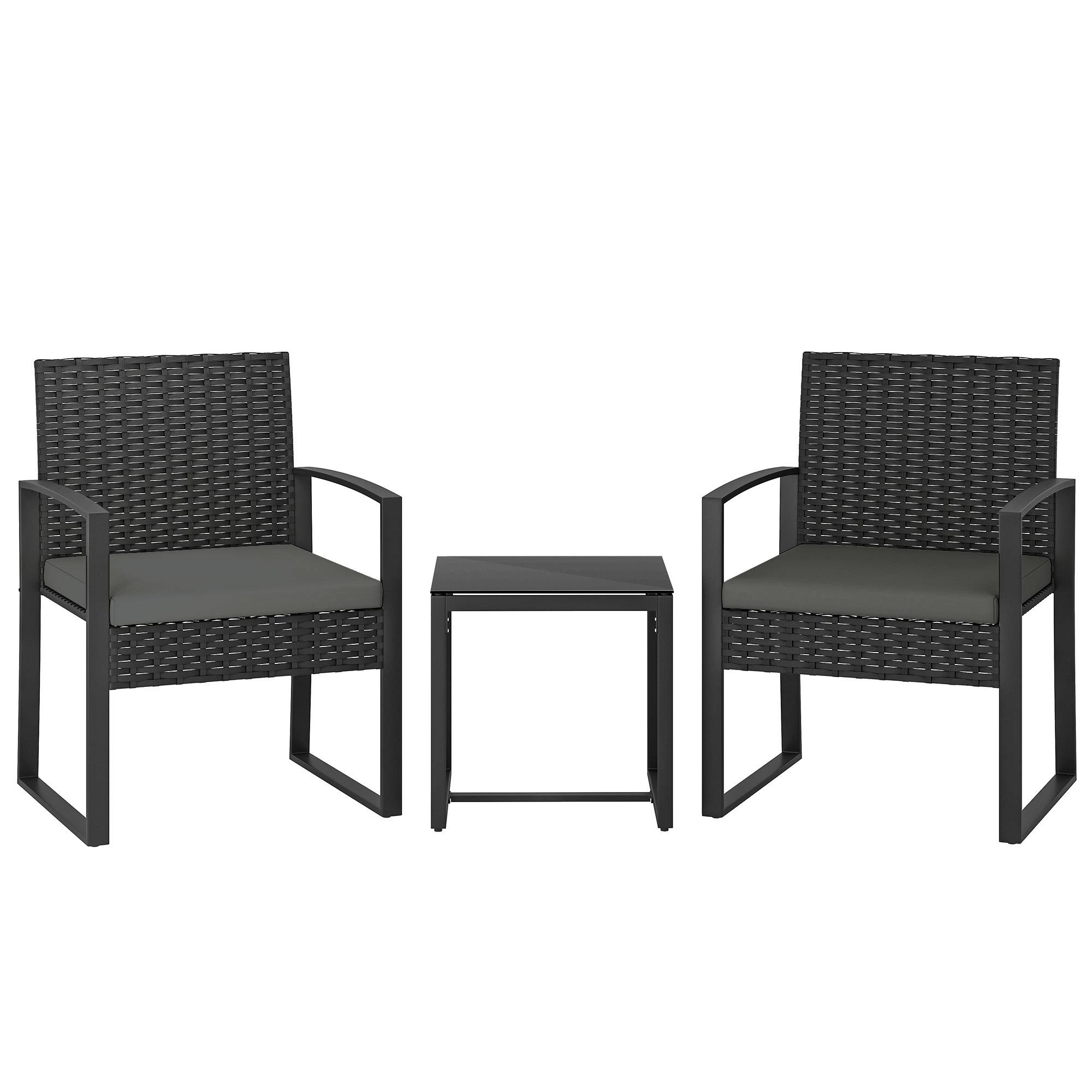 Salon de jardin extérieur en résine tressée 2 personnes, table de jardin avec 2 chaises, plateau en verre trempé, noir