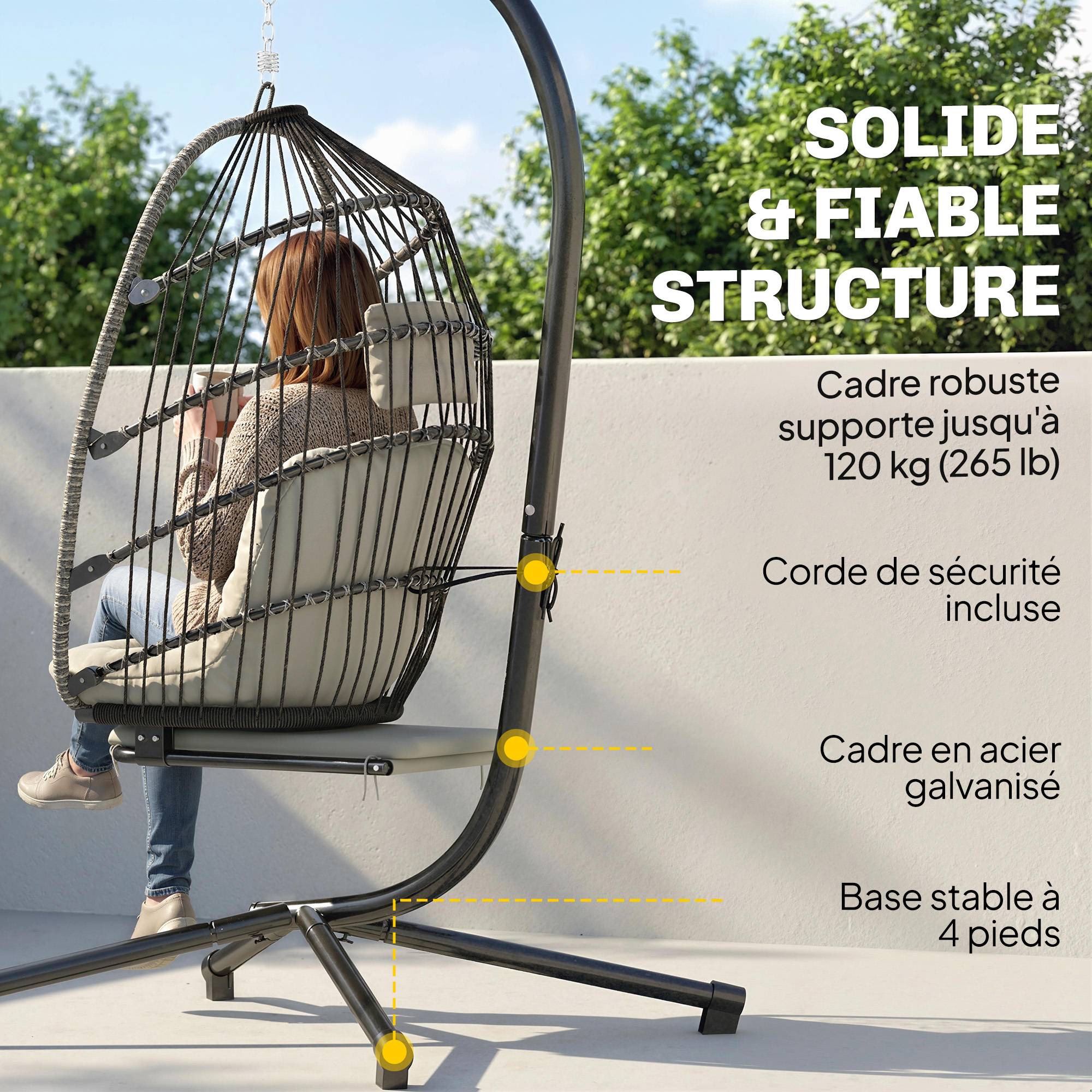 Fauteuil suspendu avec support, chaise suspendue pliante avec repose-pieds rétractable, gris clair - Image 9