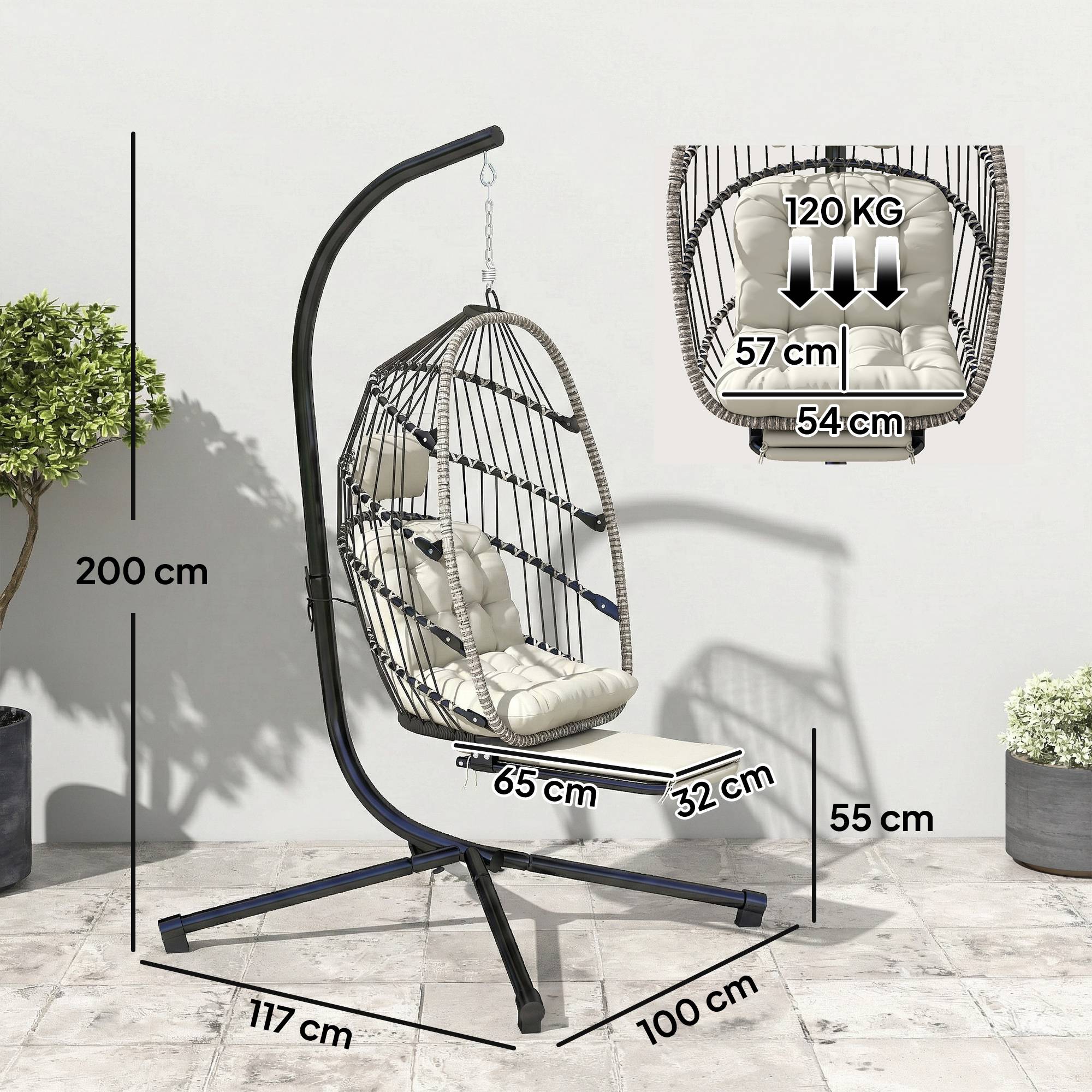 Fauteuil suspendu avec support, chaise suspendue pliante avec repose-pieds rétractable, gris clair - Image 5