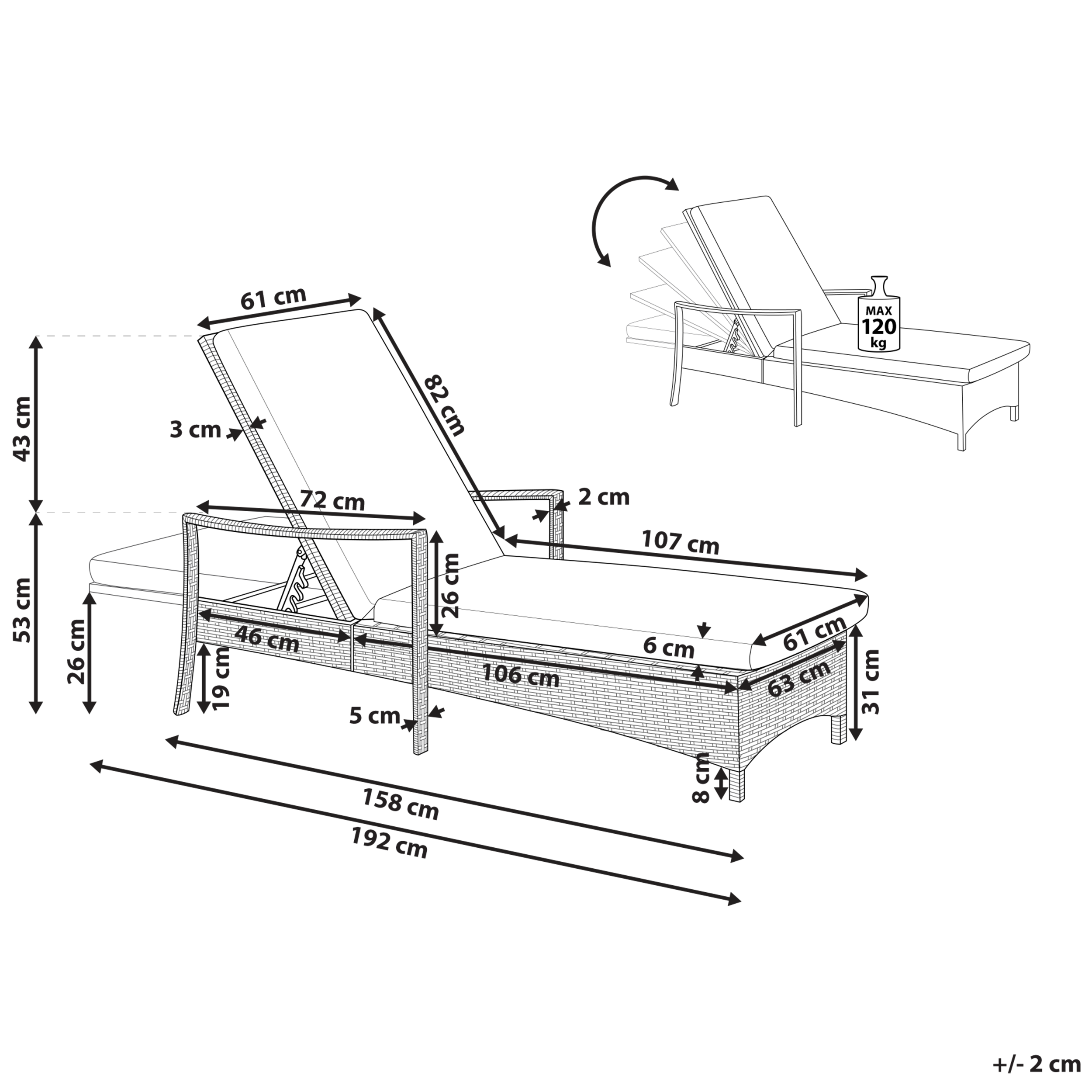 Beliani - Chaise Longue Bain de Soleil avec Dossier Réglable en Rotin Marron avec Coussin Gris Design Intemporel et Moderne pour Jardin ou Terrasse Beliani - Imagen 3