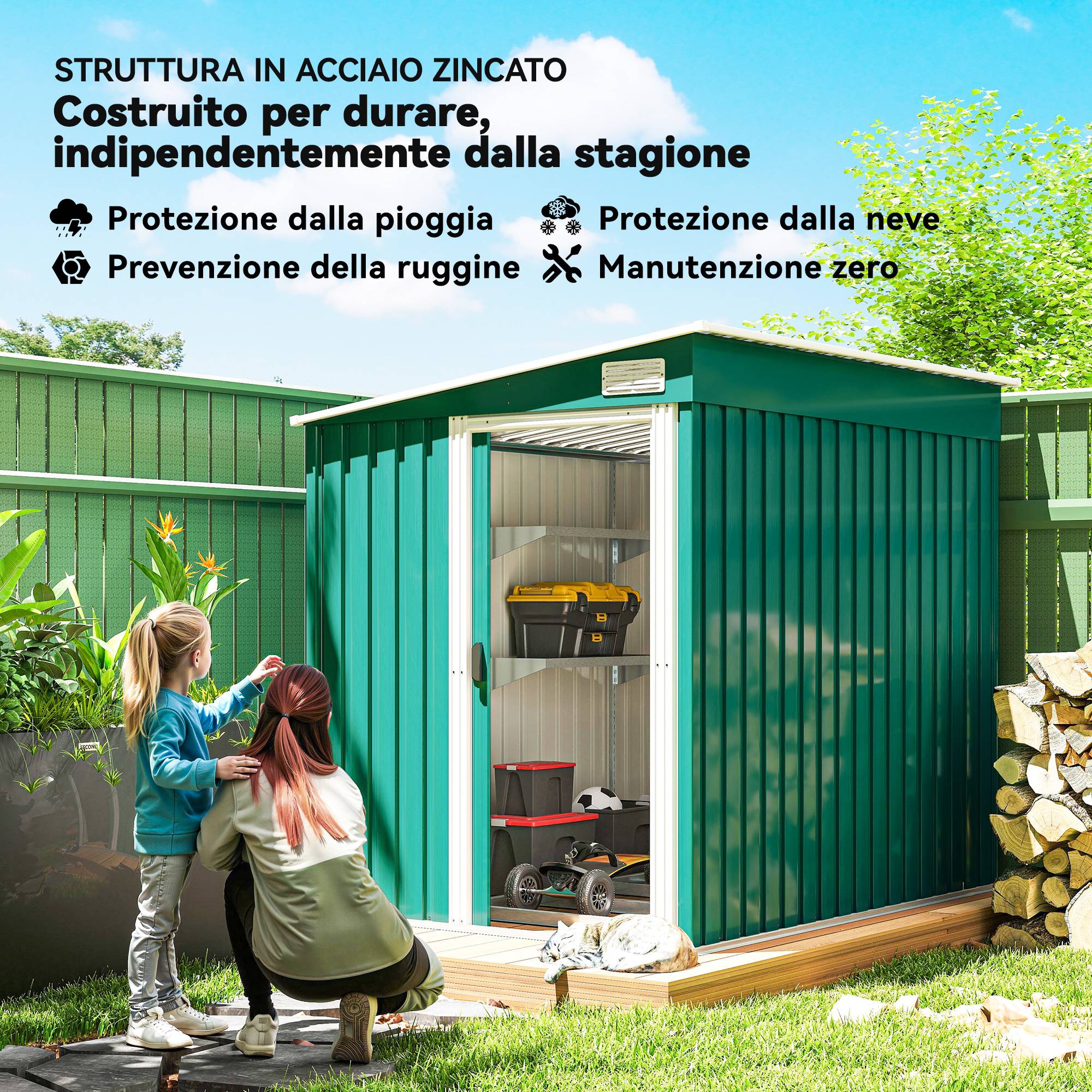 Abri de jardin adossé acier rangement extérieur porte coulissante 206x154x181cm vert - ComfortXL Outdoor Living - Image 6
