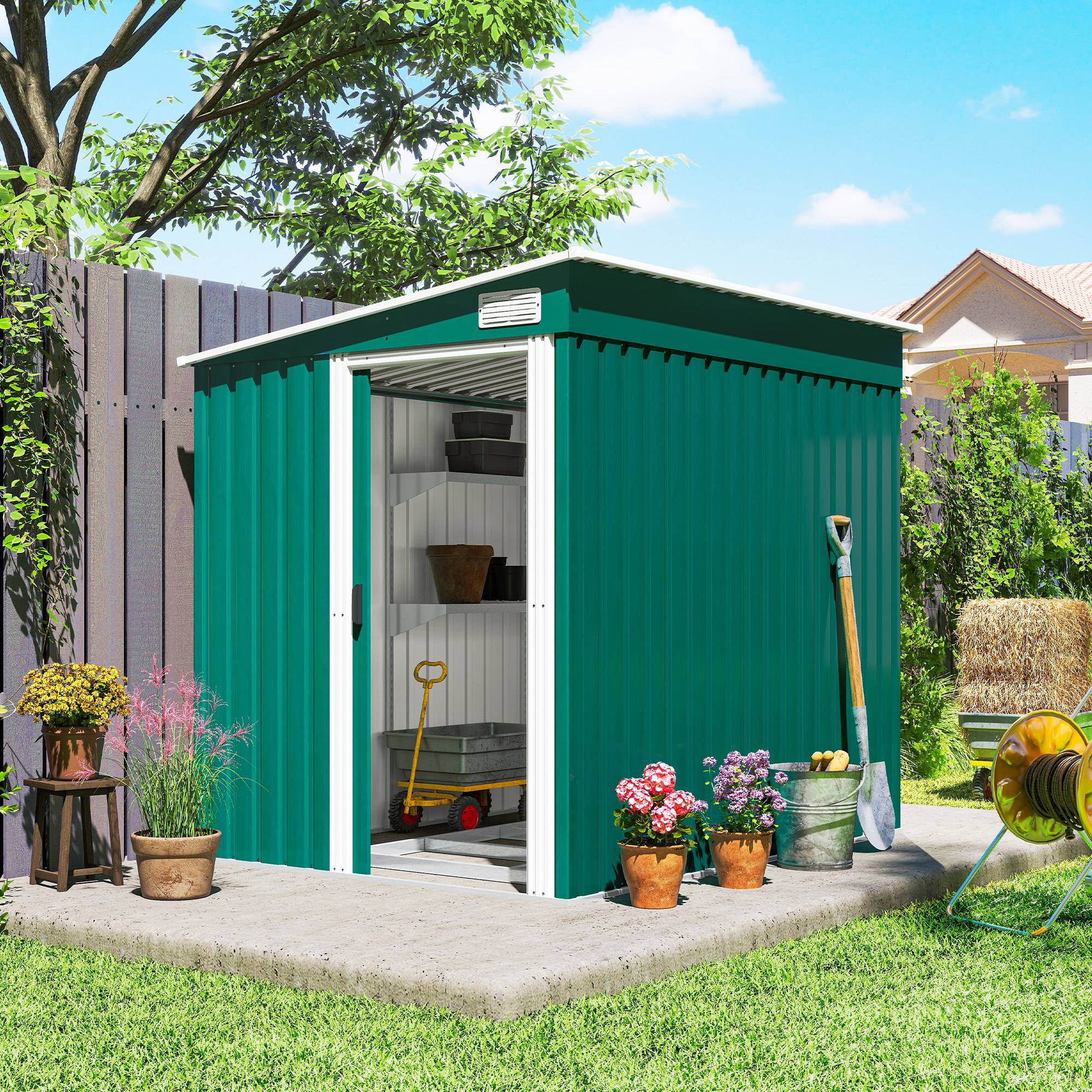 Abri de jardin adossé acier rangement extérieur porte coulissante 206x154x181cm vert - ComfortXL Outdoor Living - Image 3