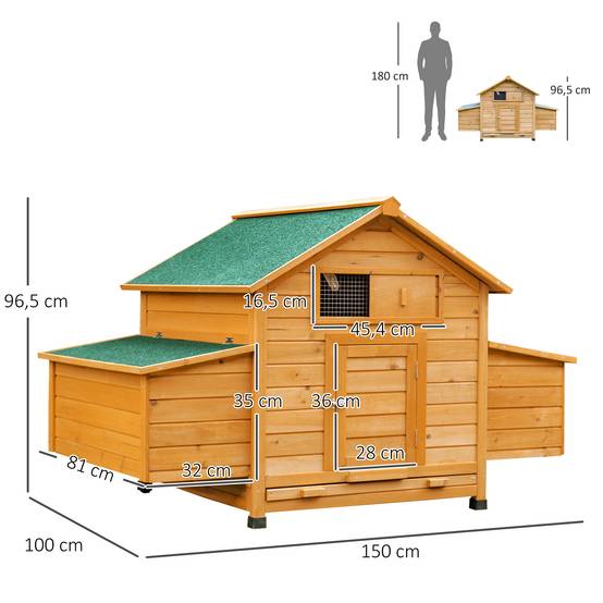 Poulailler extérieur bois sapin 2-4 poules double pondoir tiroir amovible 150x100x96cm jaune - ComfortXL Outdoor Living - Image 5