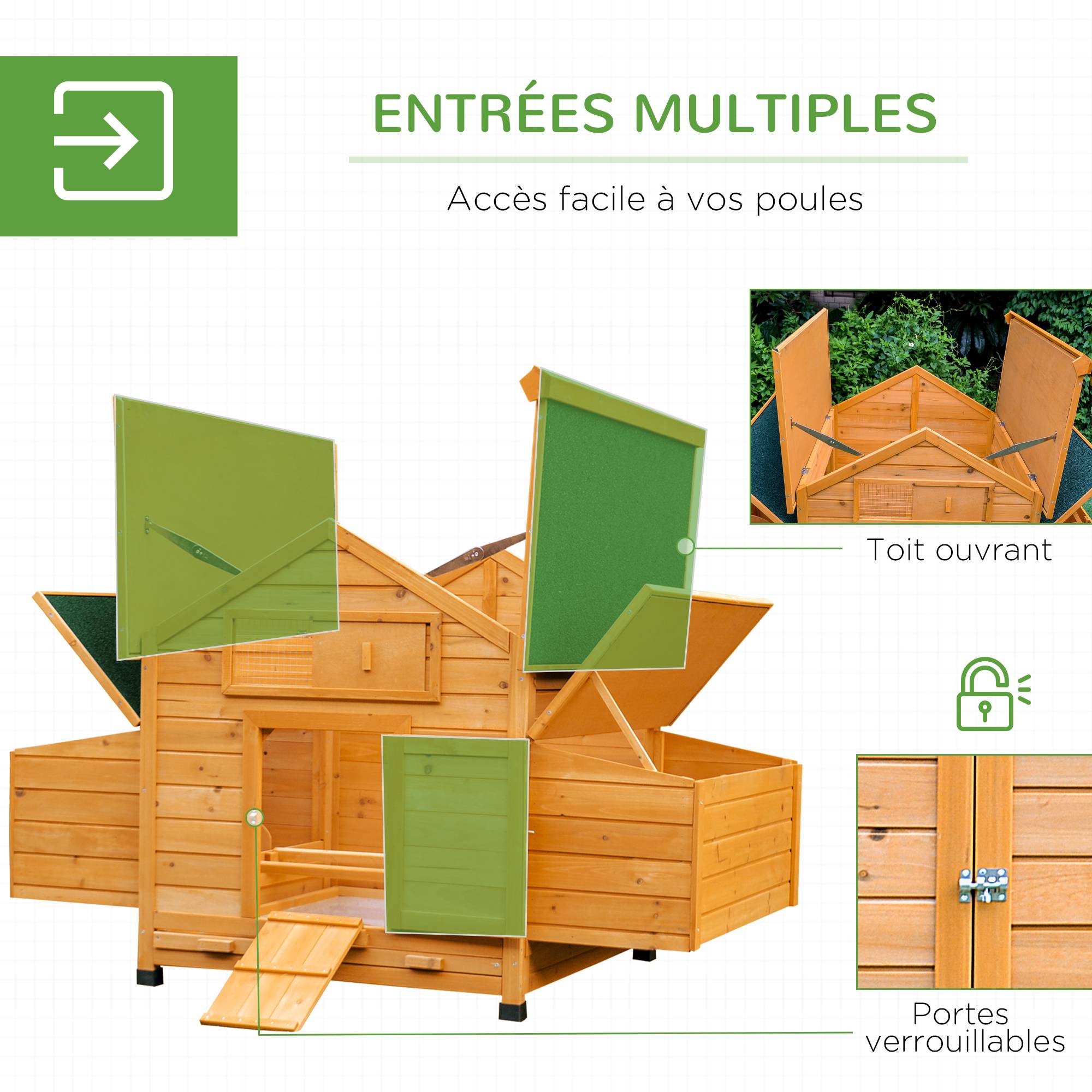 Poulailler extérieur bois sapin 2-4 poules double pondoir tiroir amovible 150x100x96cm jaune - ComfortXL Outdoor Living - Image 7