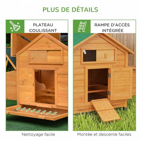 Poulailler extérieur bois sapin 2-4 poules double pondoir tiroir amovible 150x100x96cm jaune - ComfortXL Outdoor Living - Image 9