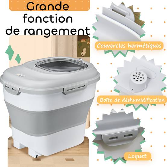 Conteneur à croquettes pour chien pliable 25L rangement hermétique couvercles hermétiques roulettes 44 x 32 x 37 cm gris - Image 8