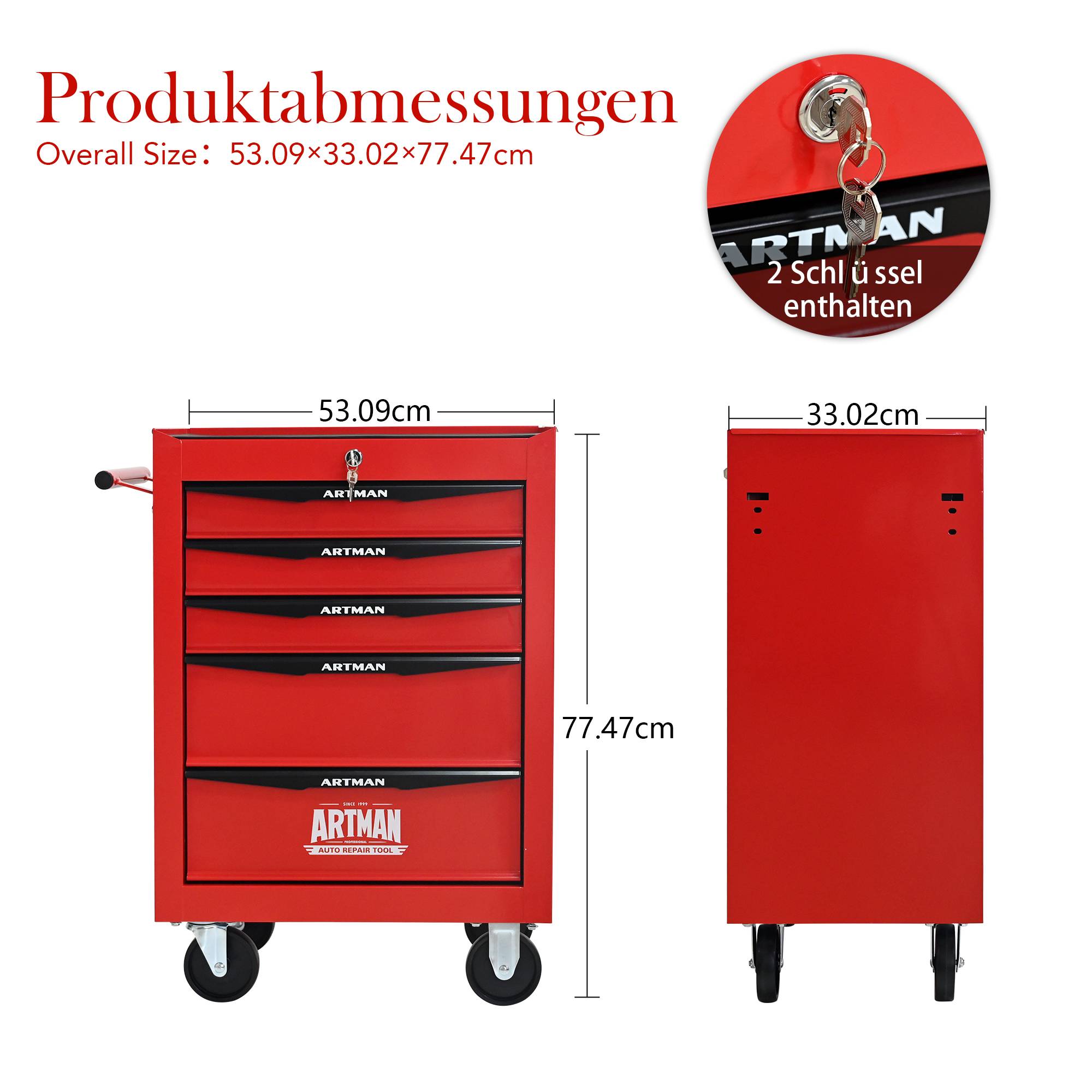Servante d'atelier Acier Garage 5 Tiroirs Roulante Verrouillable Rouge Noir - ComfortXL Outdoor Living - Image 6