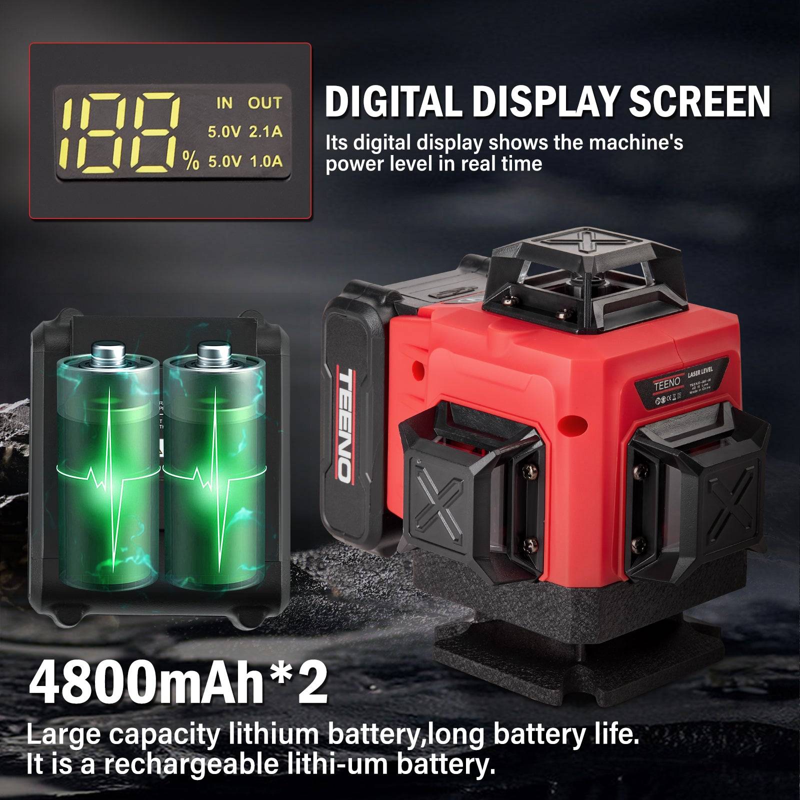 Niveau laser 4 x 360° vert 4D 16 lignes, batterie rechargeable 4800 mAh x 2 avec télécommande et trépied, affichage digital LCD, base magnétique - Image 3