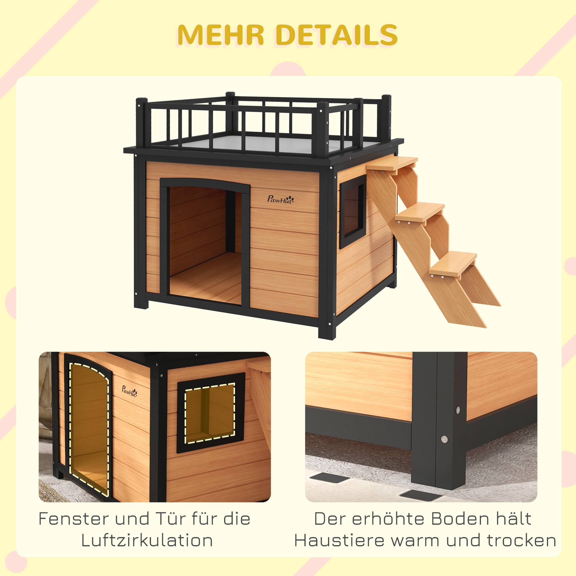 Nic pour chien avec toit‑terrasse, résistant aux intempéries, bois, 121×77×78 cm, Noir/Jaune - Image 9