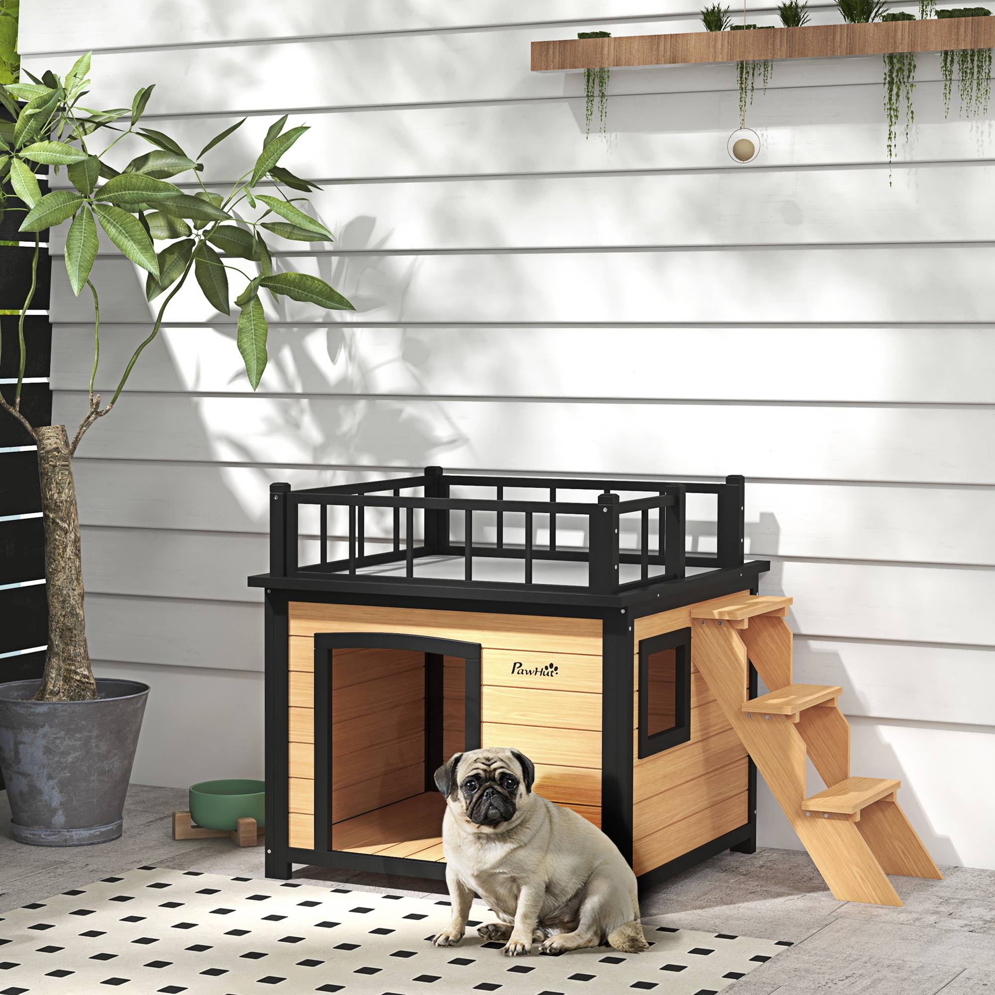 Nic pour chien avec toit‑terrasse, résistant aux intempéries, bois, 121×77×78 cm, Noir/Jaune - Image 3