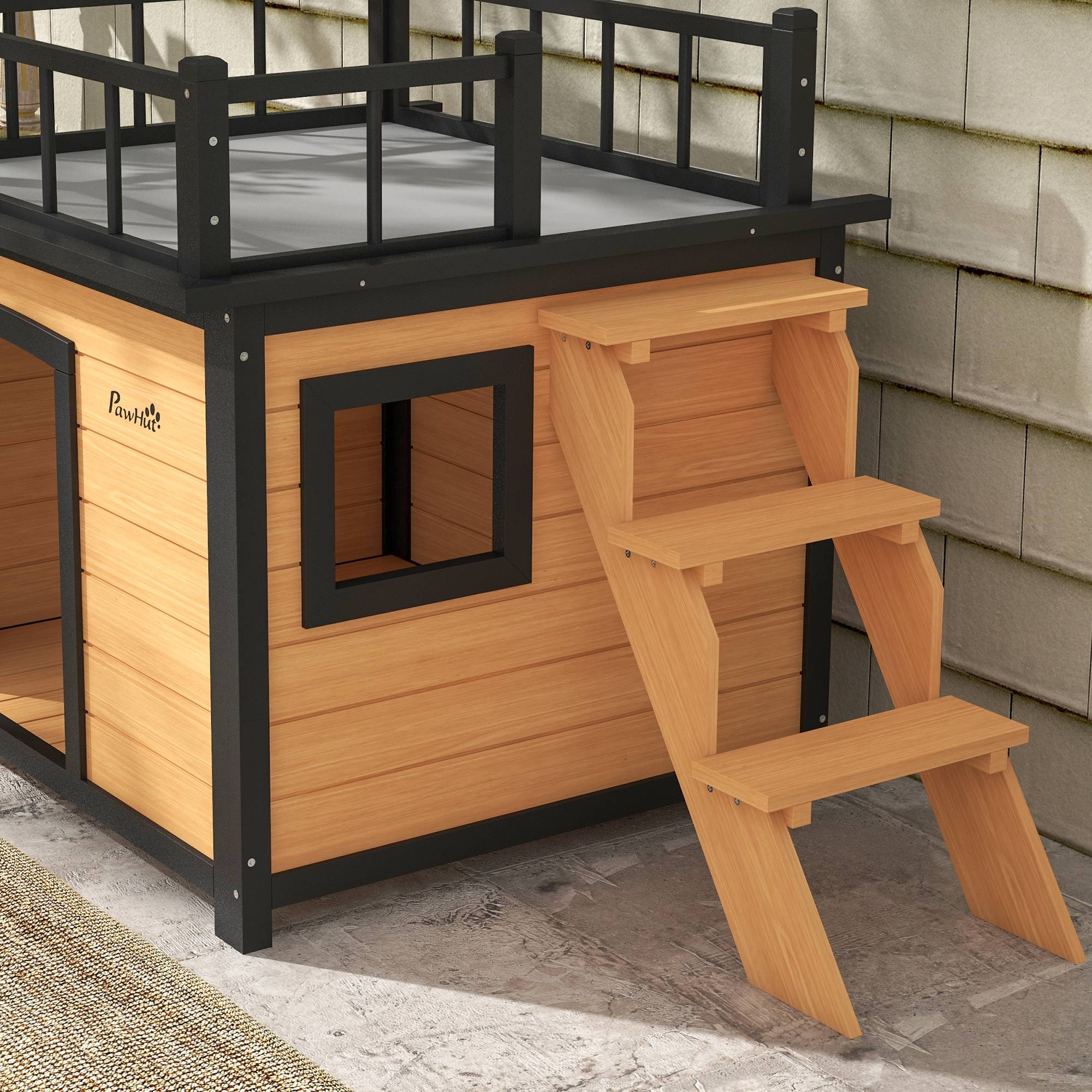 Nic pour chien avec toit‑terrasse, résistant aux intempéries, bois, 121×77×78 cm, Noir/Jaune - Image 10