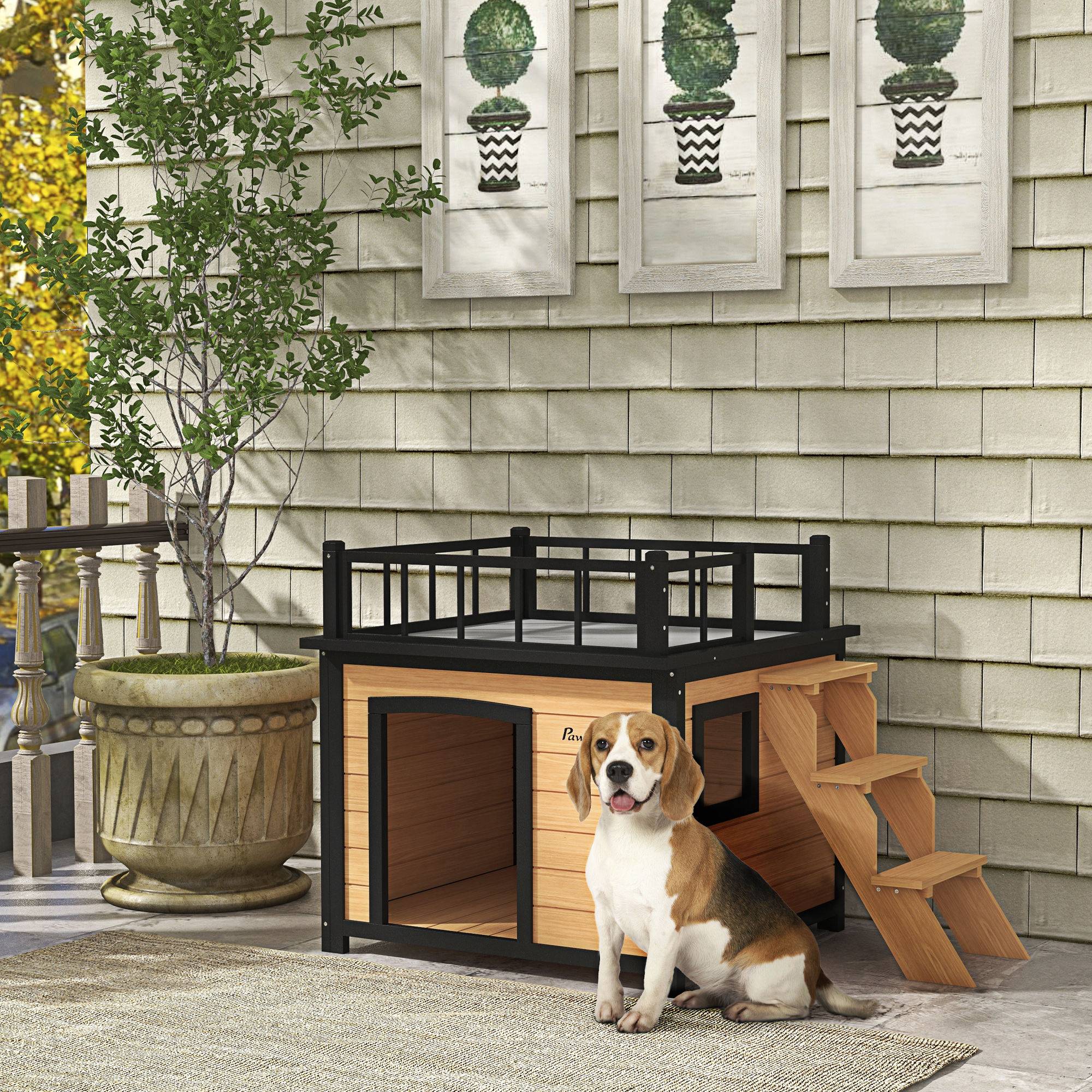 Nic pour chien avec toit‑terrasse, résistant aux intempéries, bois, 121×77×78 cm, Noir/Jaune - Image 4