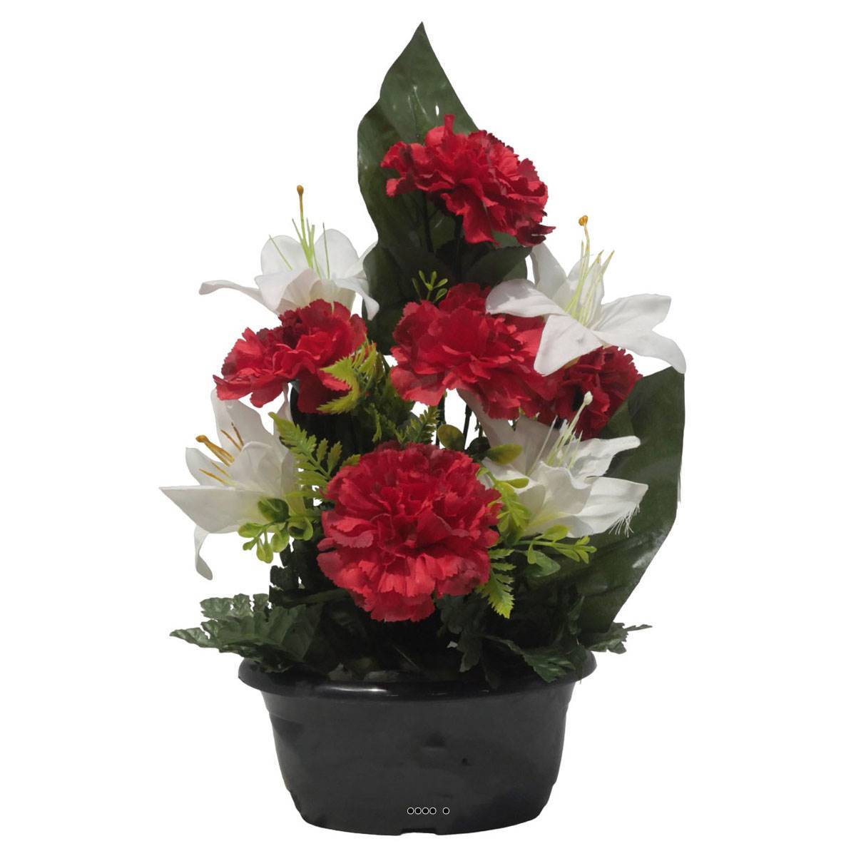 Artificielles - Jardinière fleurs artificielles d'oeillet et de Lys Rouge pour la Toussaint - couleur: Rouge - Imagen 2