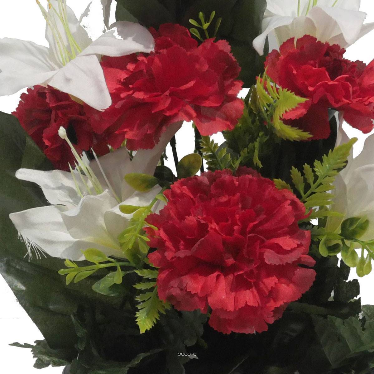 Artificielles - Jardinière fleurs artificielles d'oeillet et de Lys Rouge pour la Toussaint - couleur: Rouge - Imagen 3