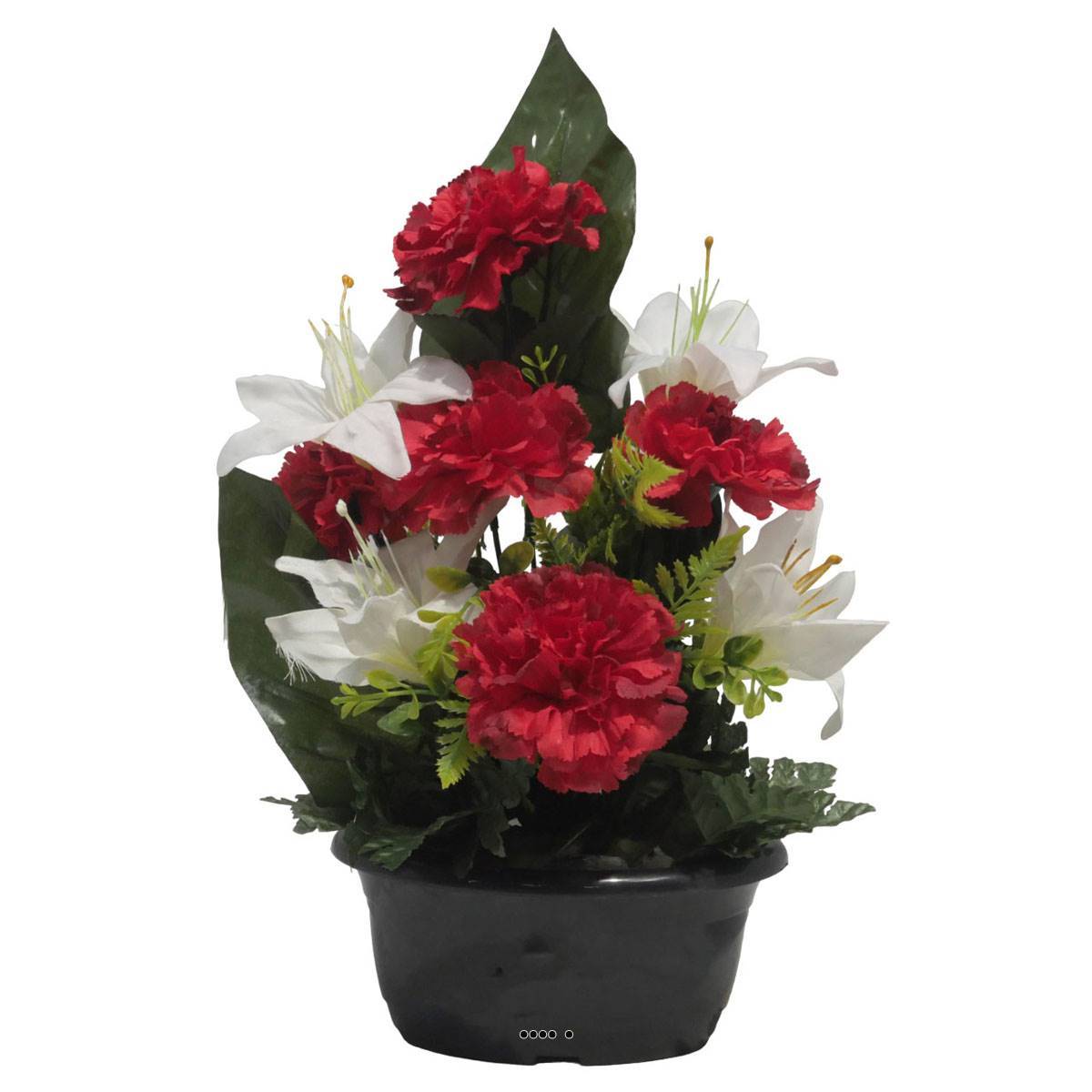 Artificielles - Jardinière fleurs artificielles d'oeillet et de Lys Rouge pour la Toussaint - couleur: Rouge - Imagen 1