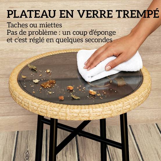 Table basse d'appoint ronde jardin résine tressée balcon plateau verre trempé 46x46x43cm naturel - ComfortXL Outdoor Living - Image 7