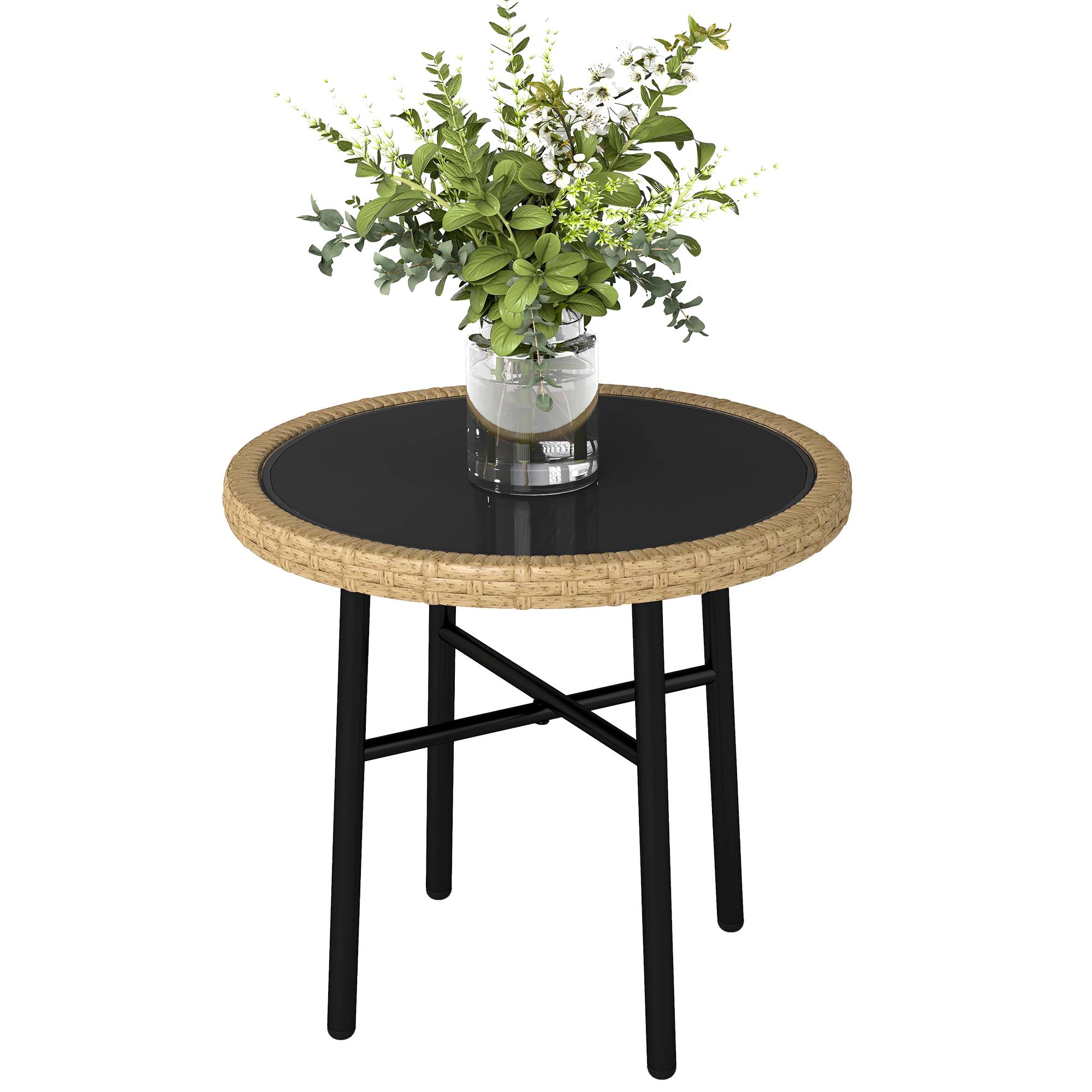 Table basse d'appoint ronde jardin résine tressée balcon plateau verre trempé 46x46x43cm naturel - ComfortXL Outdoor Living - Image 1