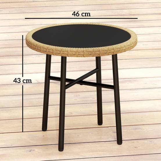 Table basse d'appoint ronde jardin résine tressée balcon plateau verre trempé 46x46x43cm naturel - ComfortXL Outdoor Living - Image 5