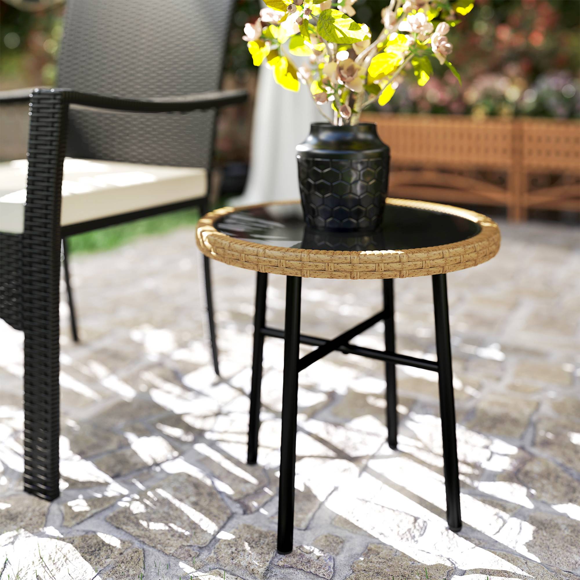 Table basse d'appoint ronde jardin résine tressée balcon plateau verre trempé 46x46x43cm naturel - ComfortXL Outdoor Living - Image 4