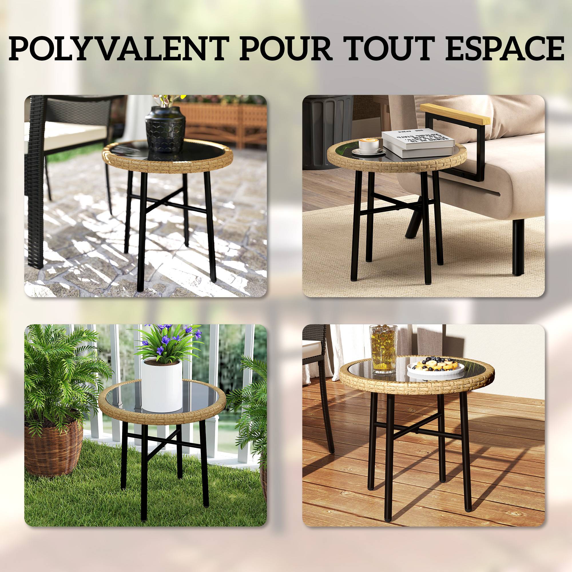 Table basse d'appoint ronde jardin résine tressée balcon plateau verre trempé 46x46x43cm naturel - ComfortXL Outdoor Living - Image 10