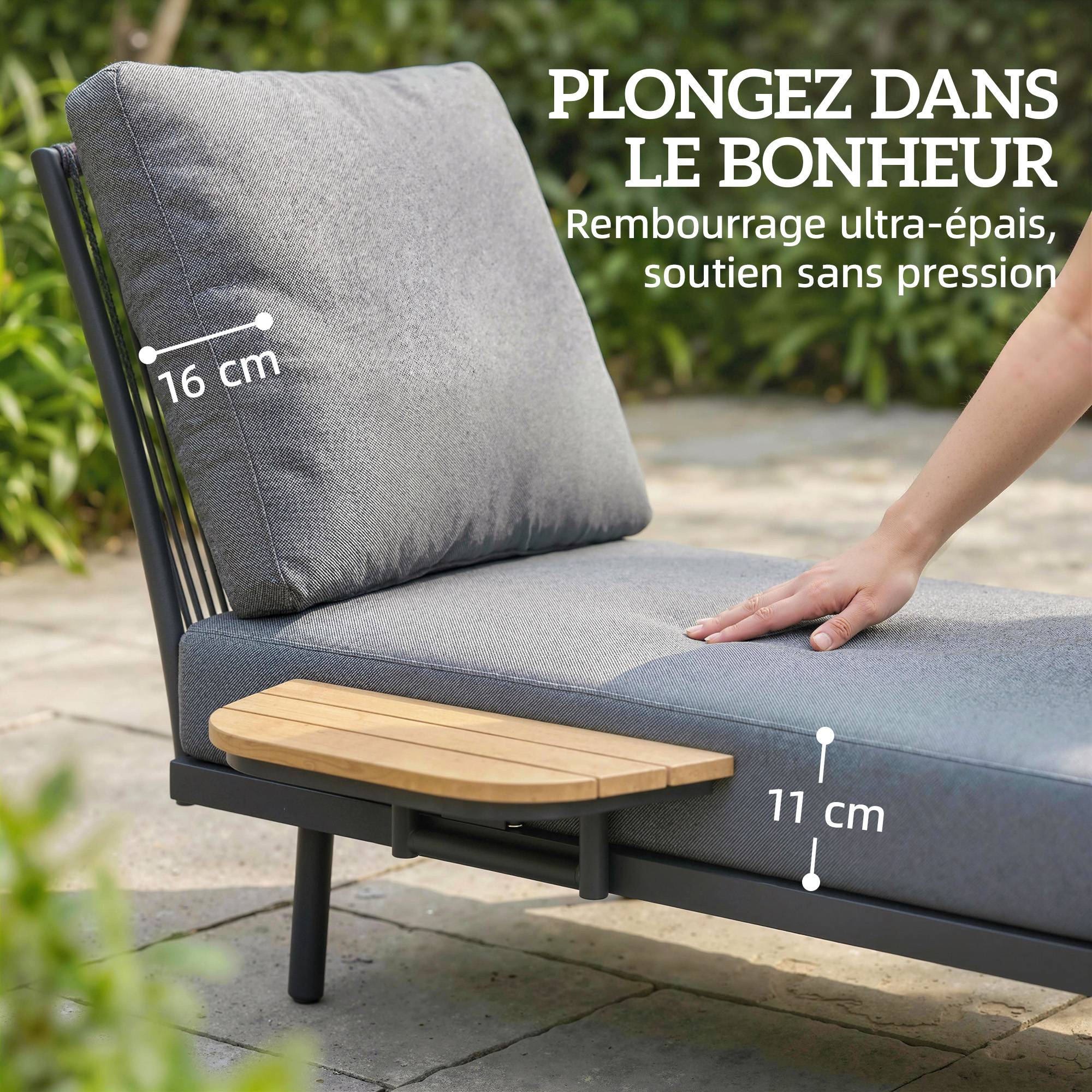Sans Marque - Chaise Longue de Jardin avec Coussins Lavables en Oléfine et Étagère Latérale, Cadre en Métal, 58x137x75cm, Gris - Image 6