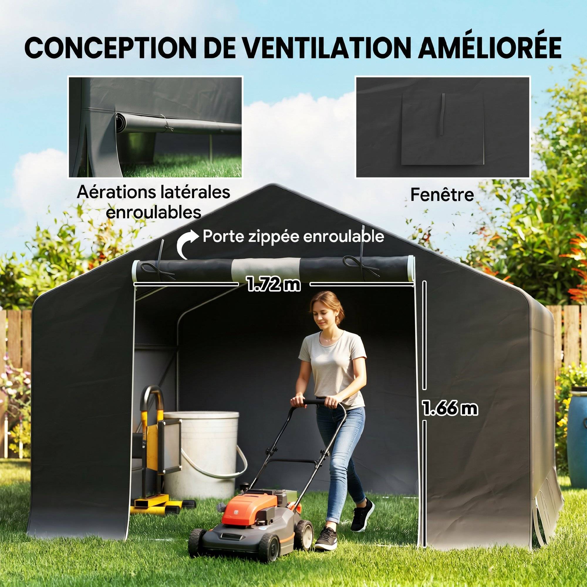 Abri de Jardin Tente de Stockage Imperméable pour Moto 300 x 300 x 210 cm Porte Enroulable - Image 8