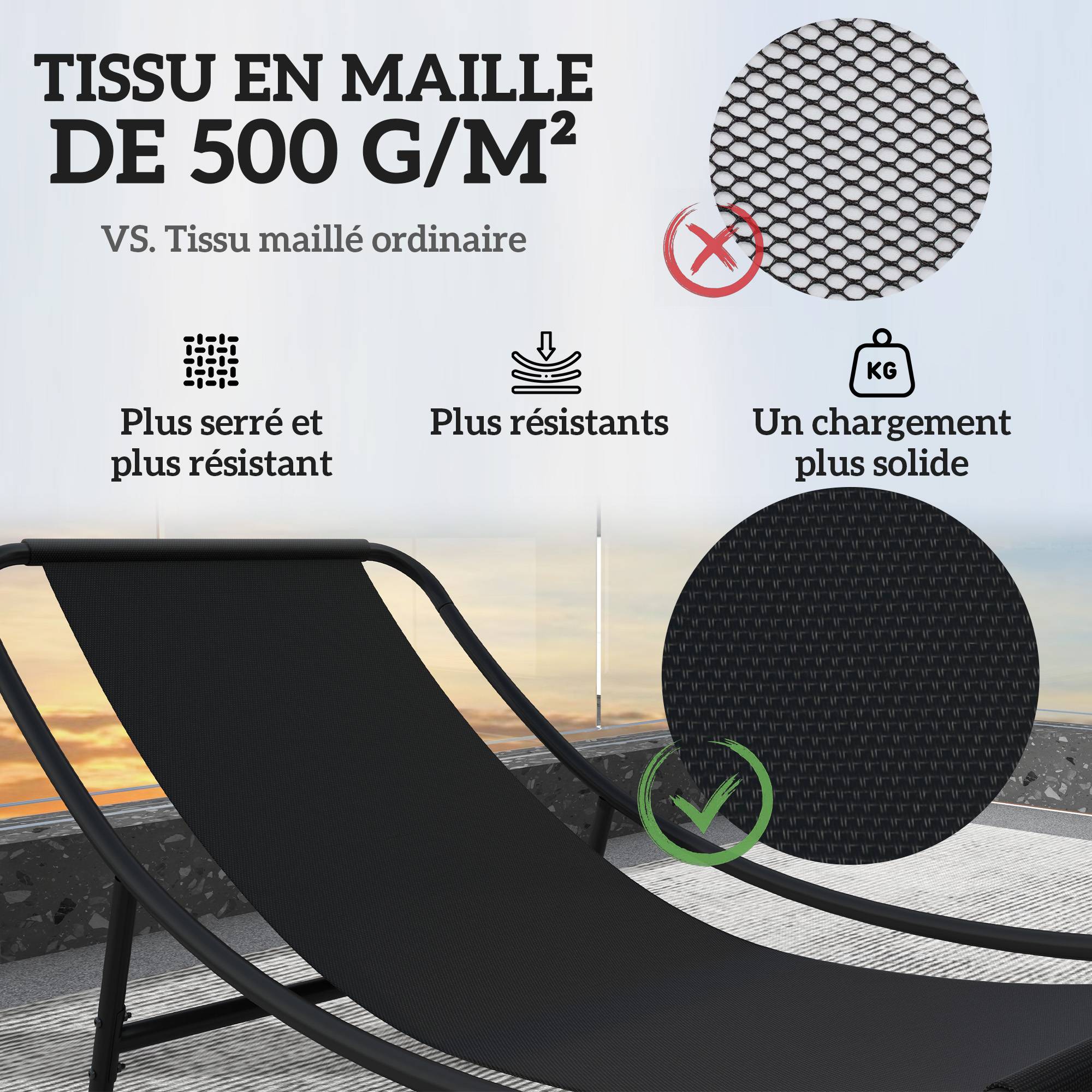 Sans Marque - Lot de 2 fauteuils à bascule extérieur avec coussins épais, siège tissu textilène respirant et cadre en acier, gris - Image 8