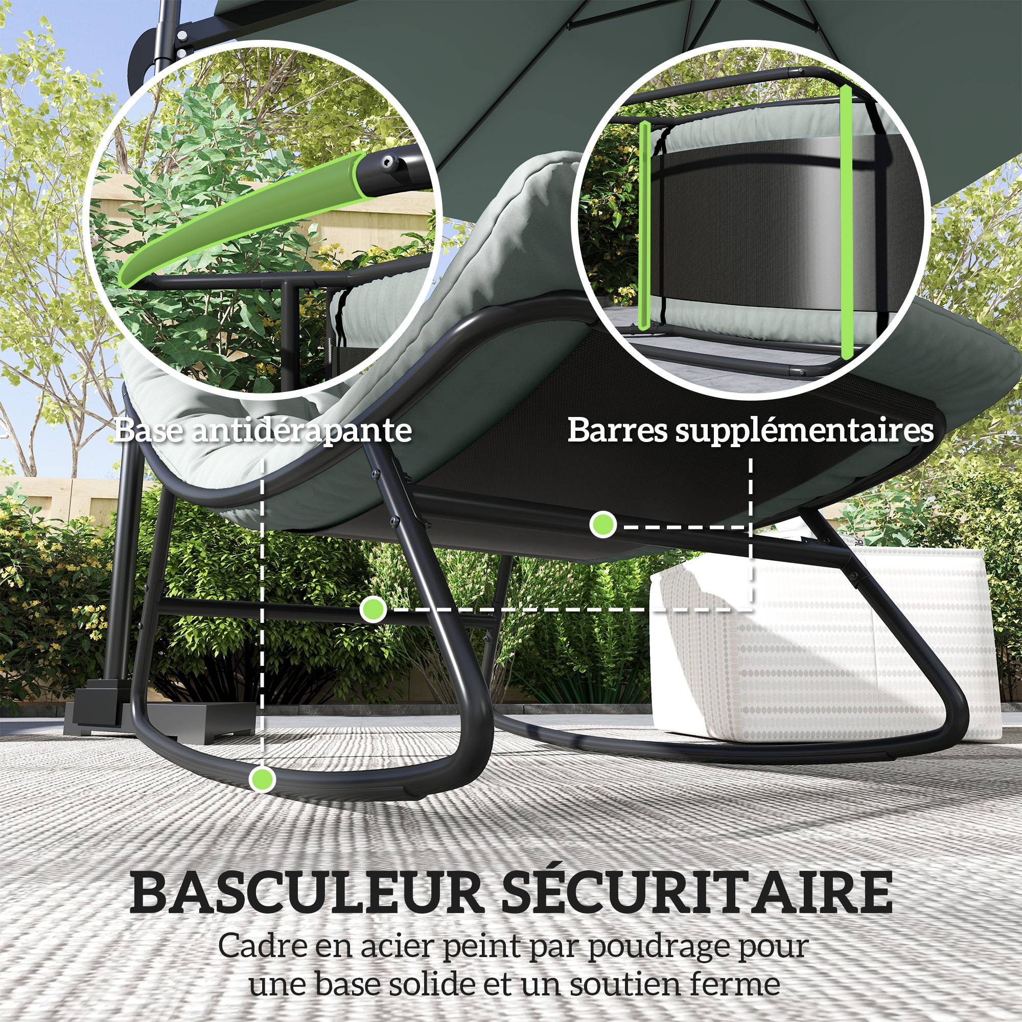 Sans Marque - Lot de 2 fauteuils à bascule extérieur avec coussins épais, siège tissu textilène respirant et cadre en acier, gris - Image 9