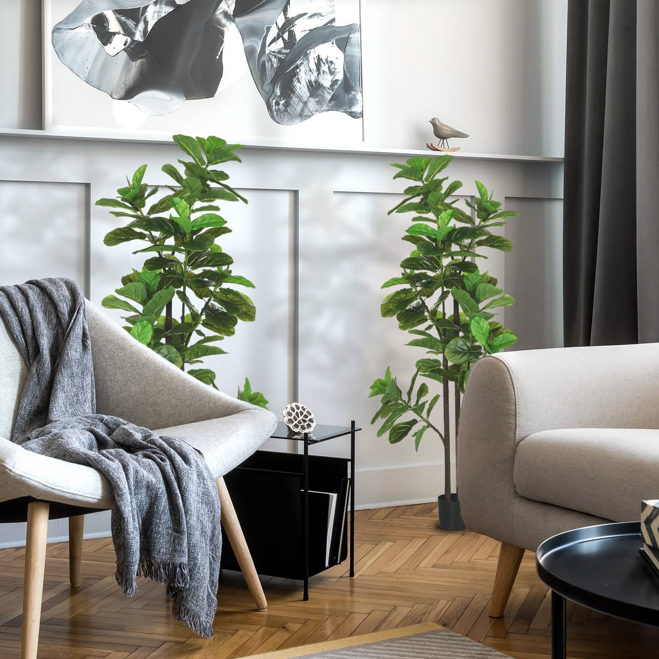 Lot 2 Figuiers Artificiels Plastique Décoration Intérieur Ficus Lyrata 180cm Vert - ComfortXL Outdoor Living - Image 3