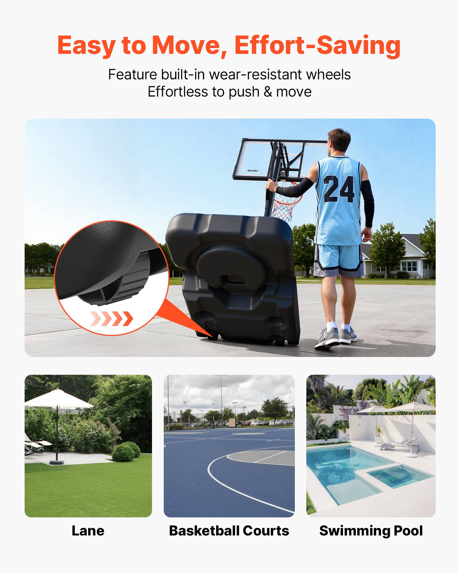 Vevor - VEVOR Panier de basket portable, panneau PC 139 cm, hauteur réglable 3,05 m, base remplissable, roues pivotantes, filet résistant, montage inclus. - Image 5