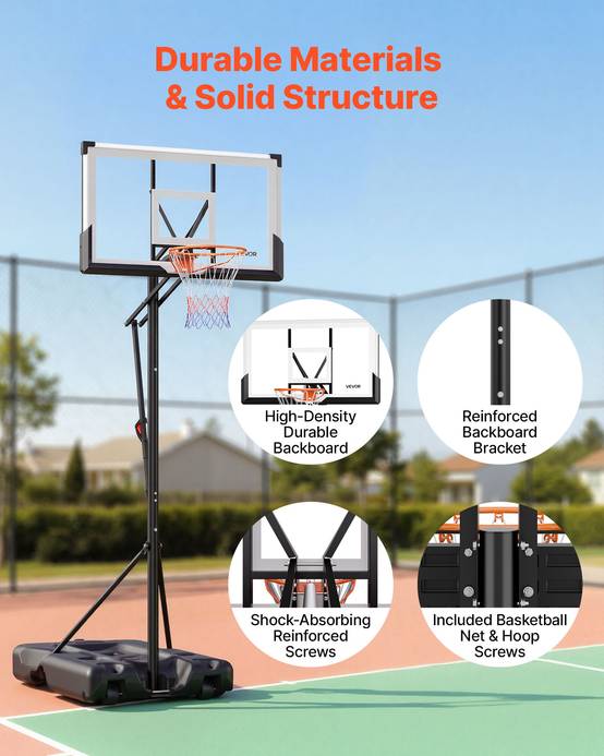 Vevor - VEVOR Panier de basket portable, panneau PC 139 cm, hauteur réglable 3,05 m, base remplissable, roues pivotantes, filet résistant, montage inclus. - Image 4