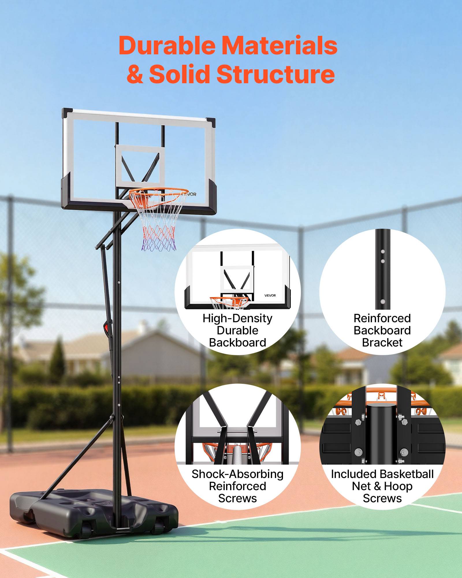 Vevor - VEVOR Panier de basket portable, panneau PC 139 cm, hauteur réglable 3,05 m, base remplissable, roues pivotantes, filet résistant, montage inclus. - Image 4