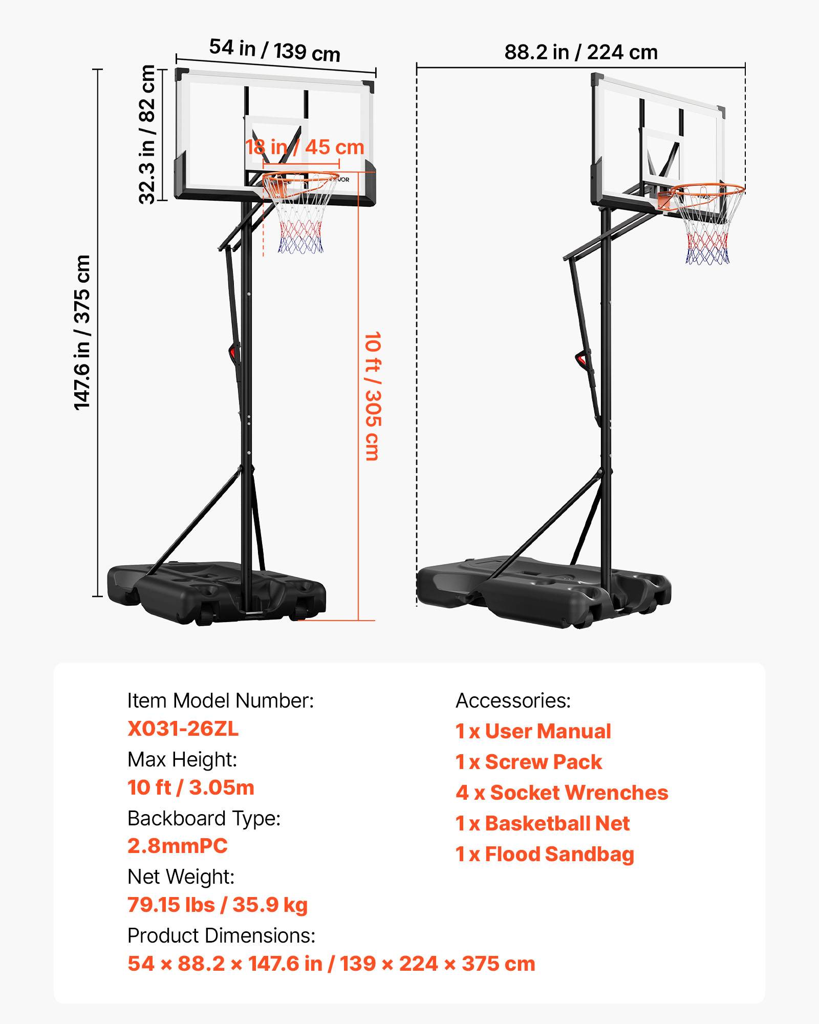 Vevor - VEVOR Panier de basket portable, panneau PC 139 cm, hauteur réglable 3,05 m, base remplissable, roues pivotantes, filet résistant, montage inclus. - Image 6