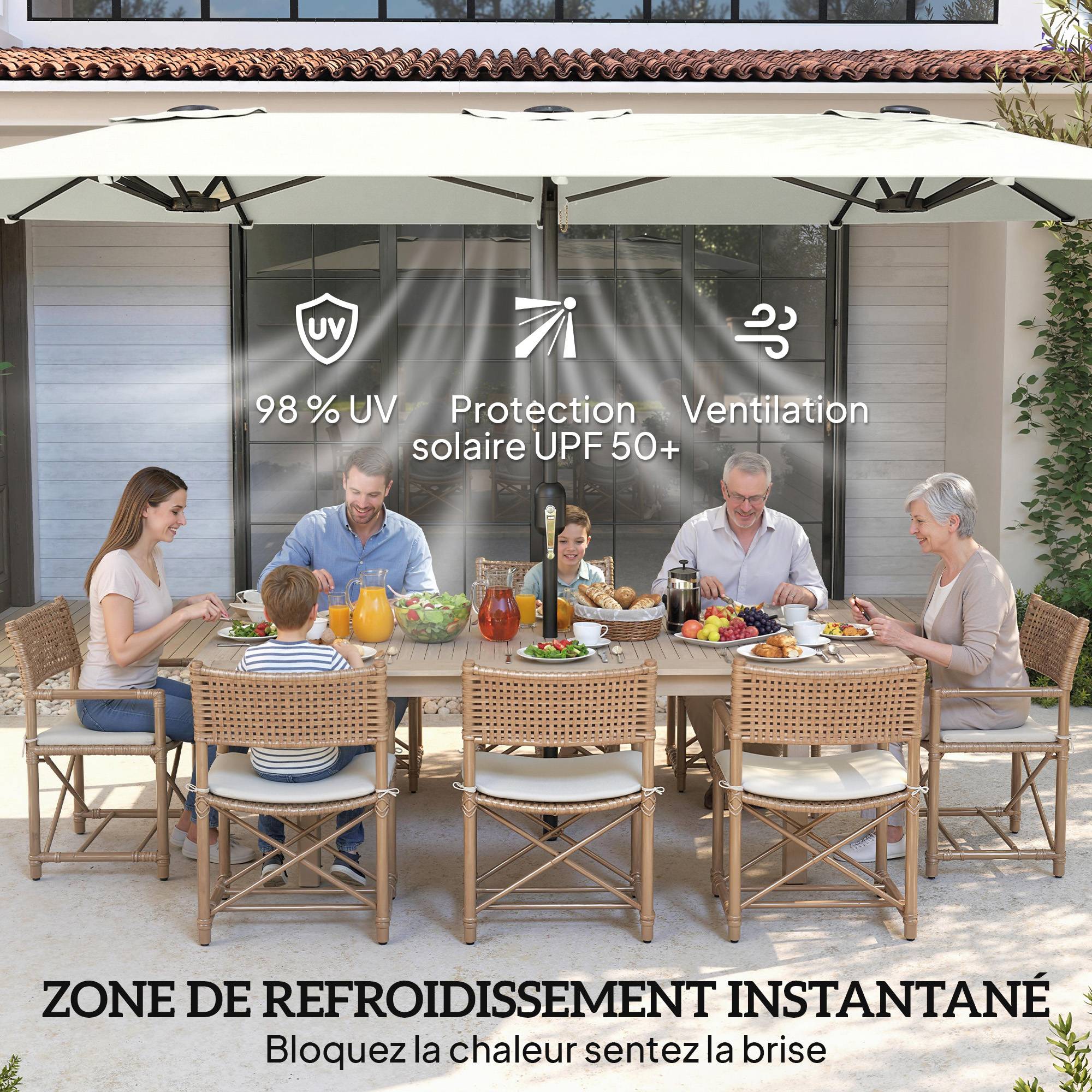 Parasol double en polyester et métal crème 247 x 247 x 256 cm - PANGIVO - Image 7