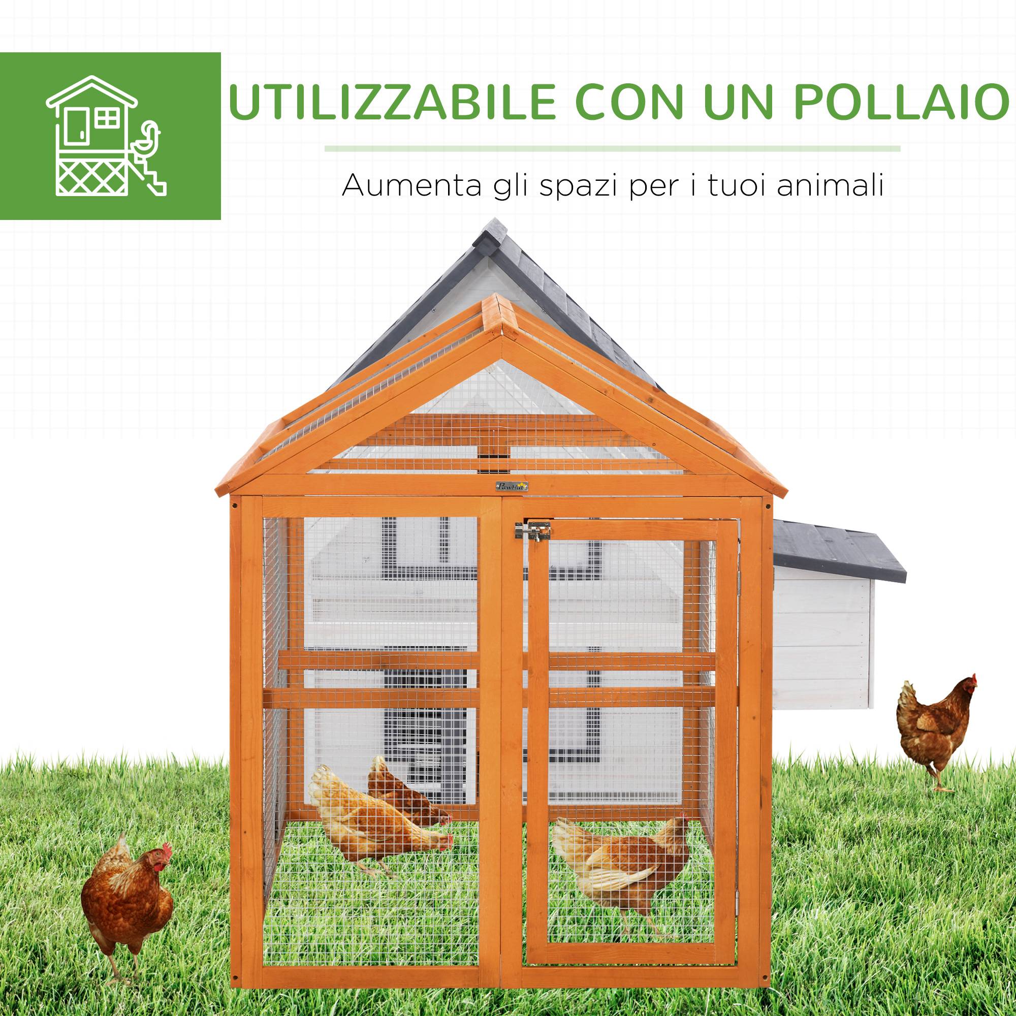 Cage poules bois, portes multiples, grillage métal, 140x88,5x106 cm, orange - Image 8