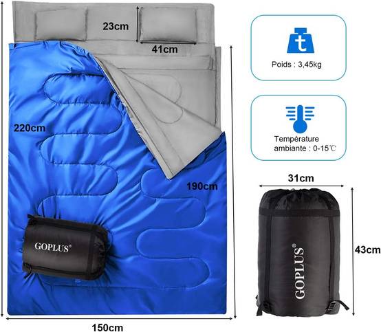Sac de Couchage pour 2 Personnes avec 2 Oreillers Résistant au Vent et Imperméable Idéal pour la Randonnée, Les Voyages, Le Camping, et Les Activités - Image 4