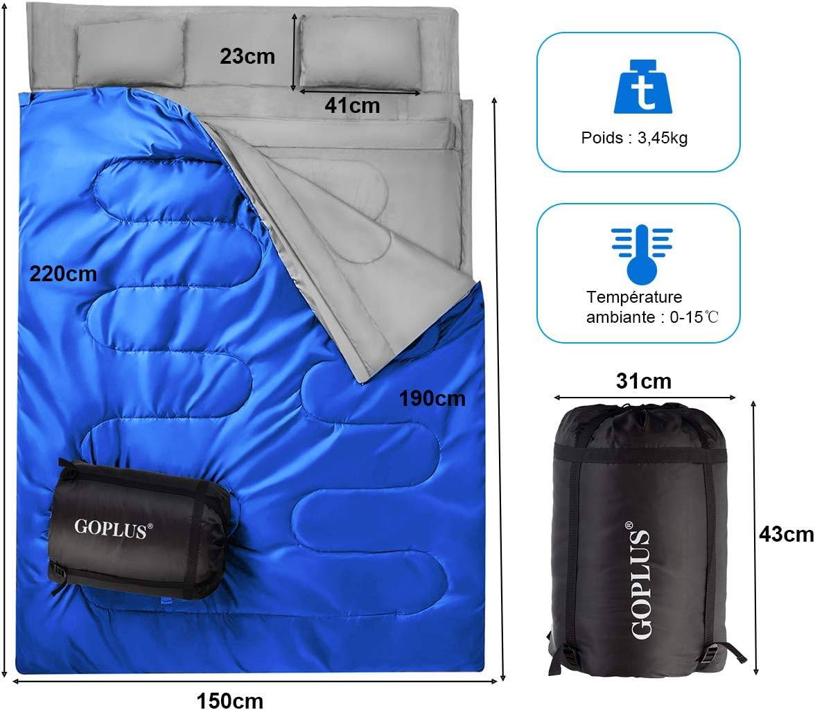 Sac de Couchage pour 2 Personnes avec 2 Oreillers Résistant au Vent et Imperméable Idéal pour la Randonnée, Les Voyages, Le Camping, et Les Activités - Image 4