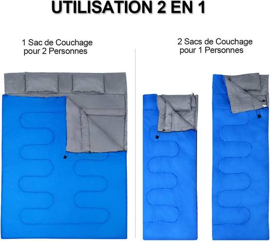 Sac de Couchage pour 2 Personnes avec 2 Oreillers Résistant au Vent et Imperméable Idéal pour la Randonnée, Les Voyages, Le Camping, et Les Activités - Image 5