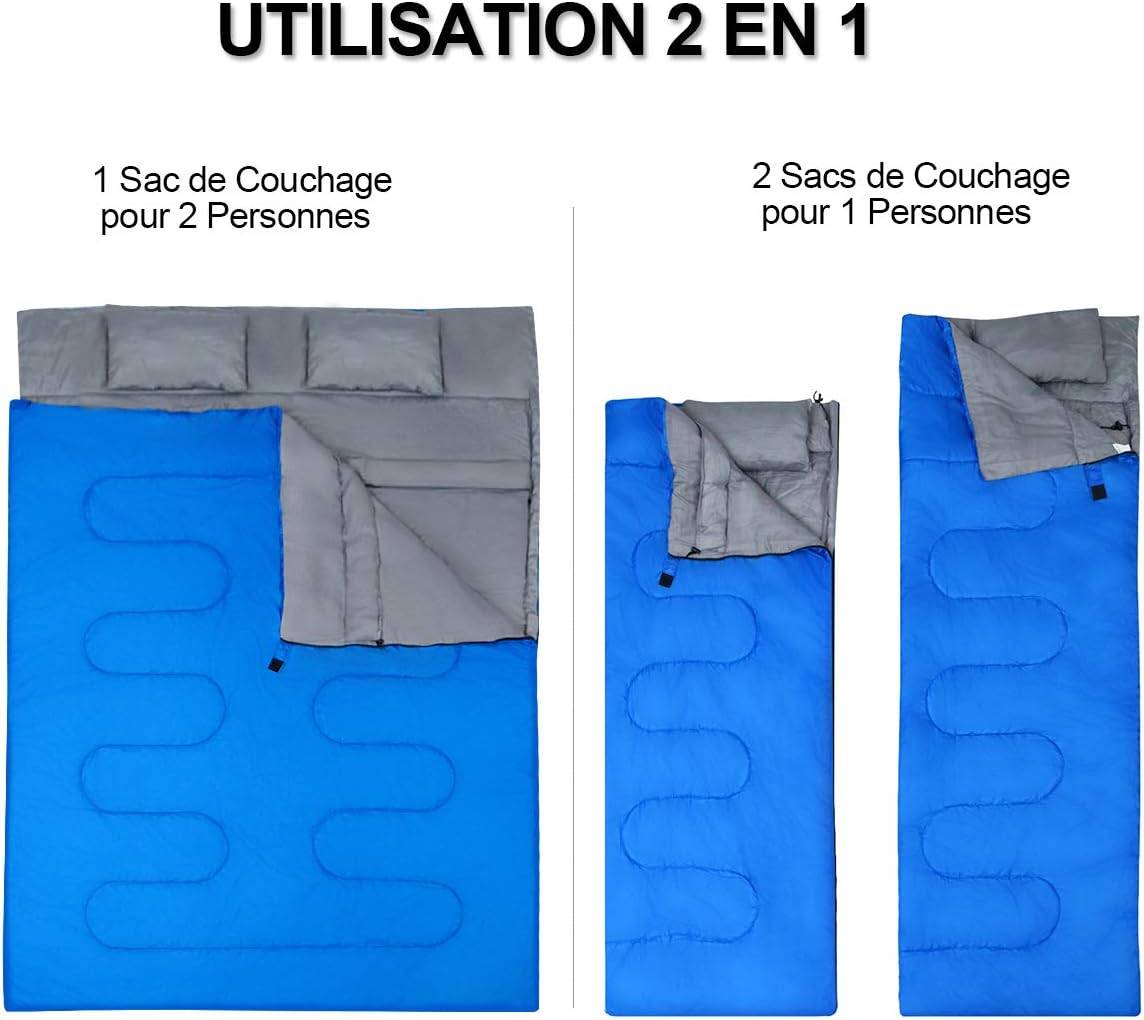 Sac de Couchage pour 2 Personnes avec 2 Oreillers Résistant au Vent et Imperméable Idéal pour la Randonnée, Les Voyages, Le Camping, et Les Activités - Image 5